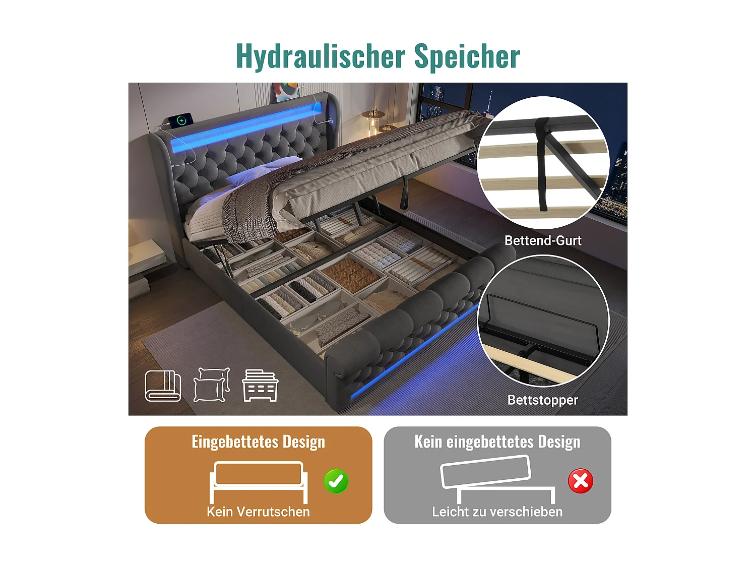 Lit Capitonné 140x200 cm avec Éclairage LED, Tête de Lit avec Ports USB et Type-C, Lit de Rangement Hydraulique, Velours Gris (220x146x110 cm)