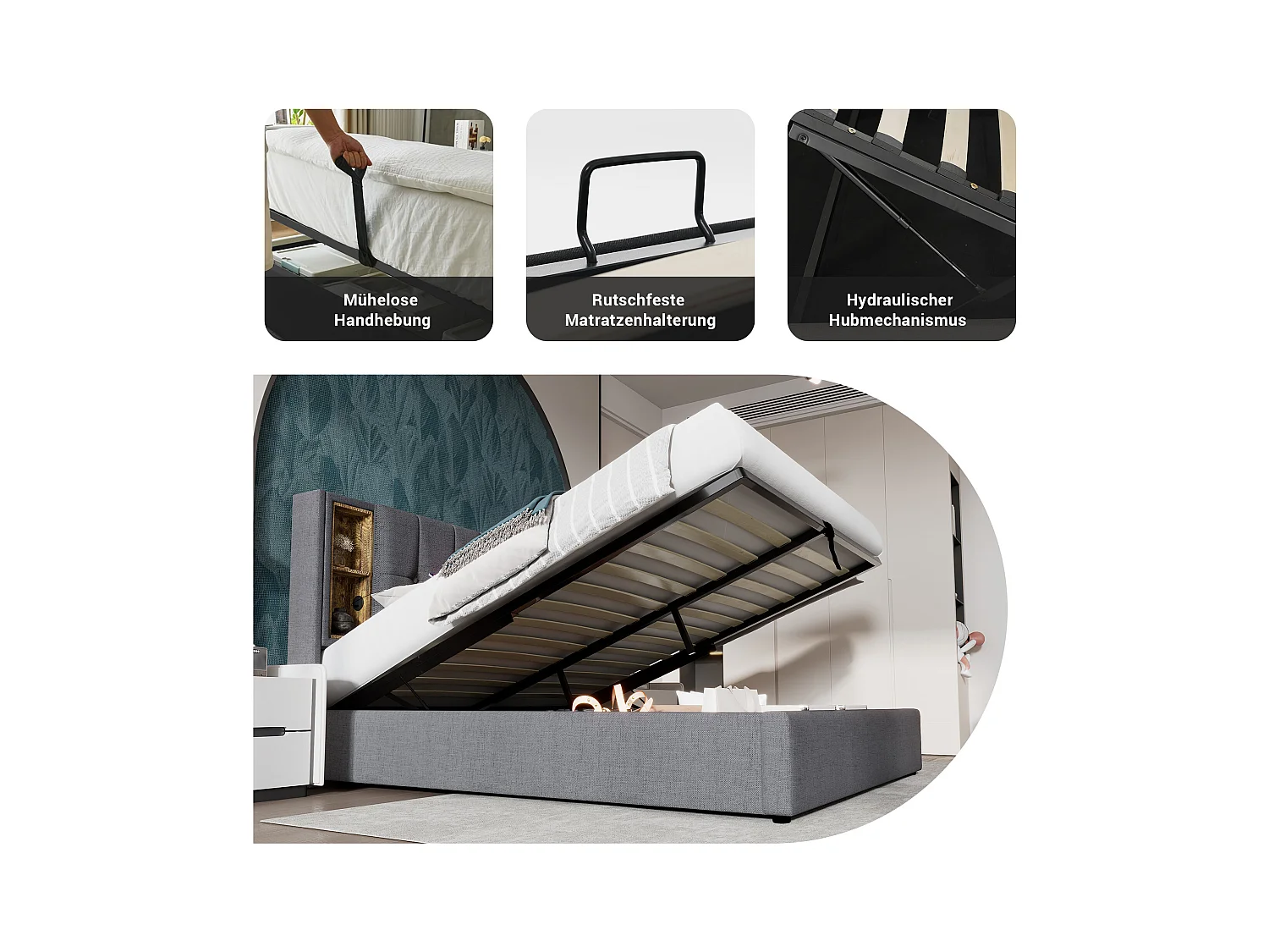 Letto matrimoniale con caricabatterie wireless USB-C, struttura imbottita in cotone grigio, contenitore integrato, 140x200 cm (206x145x100,5 cm)