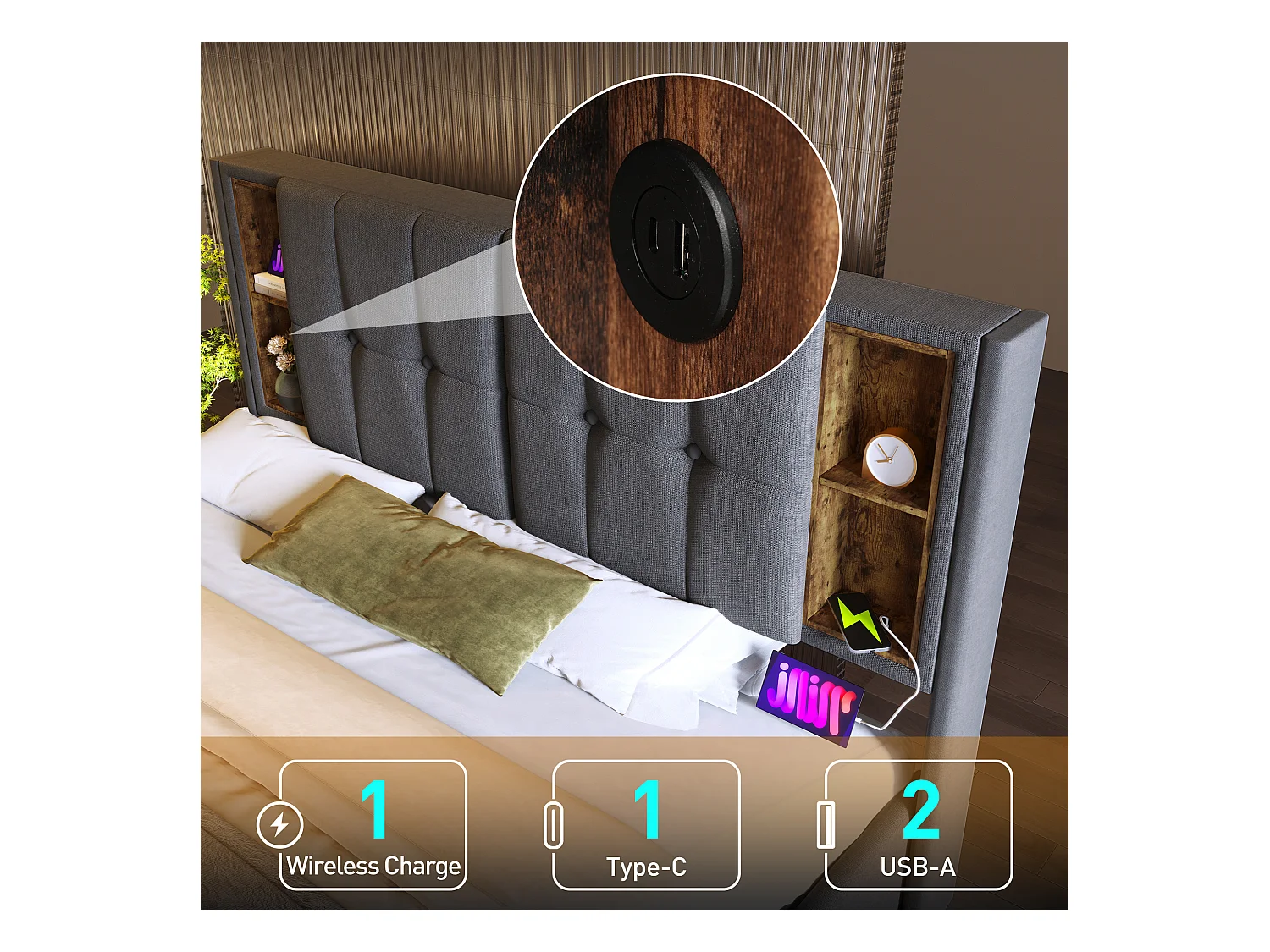Letto matrimoniale con caricabatterie wireless USB-C, struttura imbottita in cotone grigio, contenitore integrato, 140x200 cm (206x145x100,5 cm)