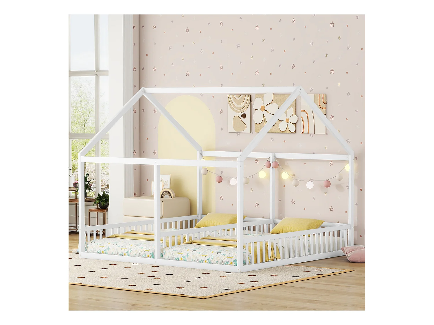 Cama infantil 2 en 1, cama-casita de 90 x 200 cm, pino, blanco (204 x 187 x 168 cm)