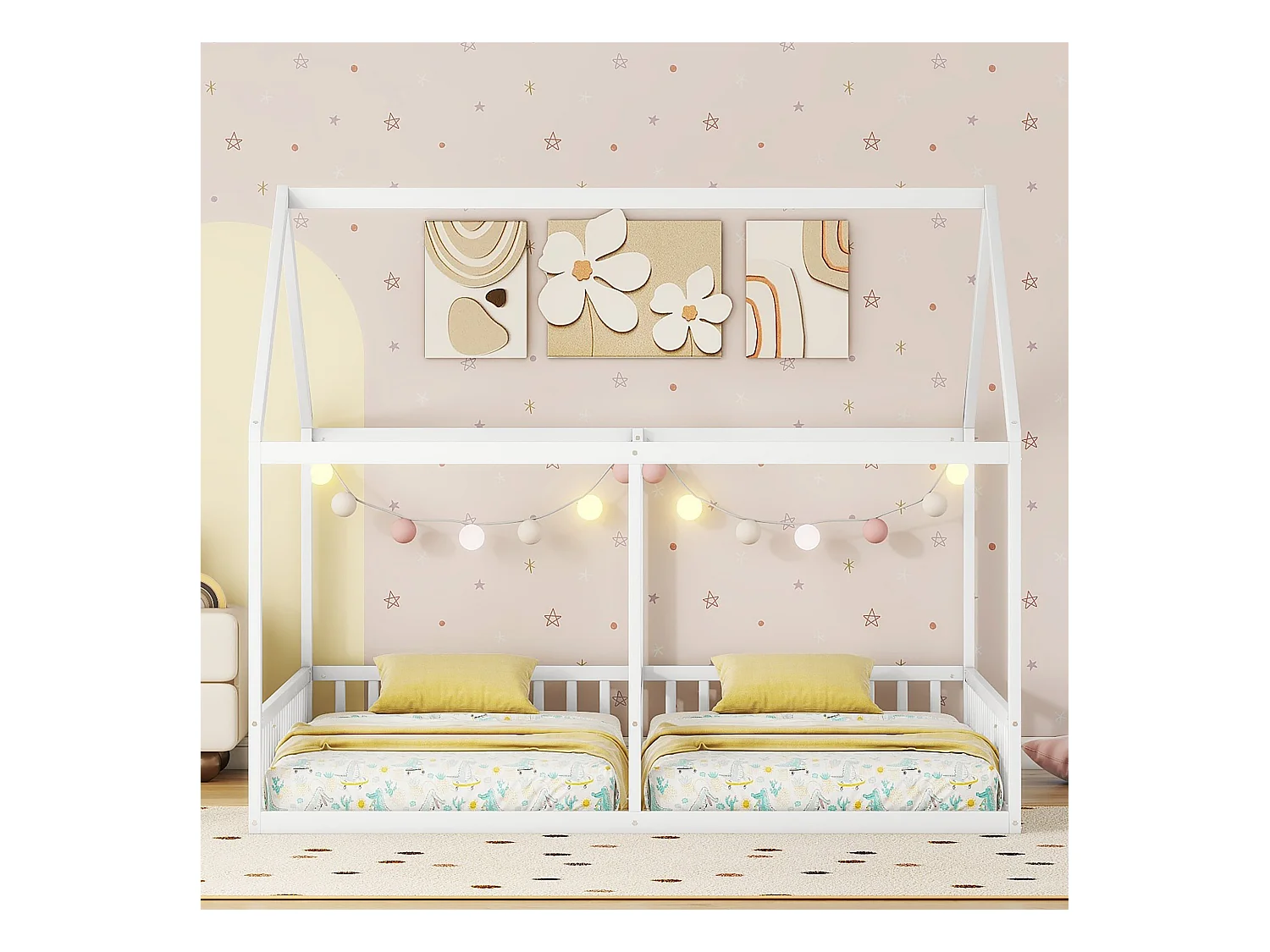 Cama infantil 2 en 1, cama-casita de 90 x 200 cm, pino, blanco (204 x 187 x 168 cm)