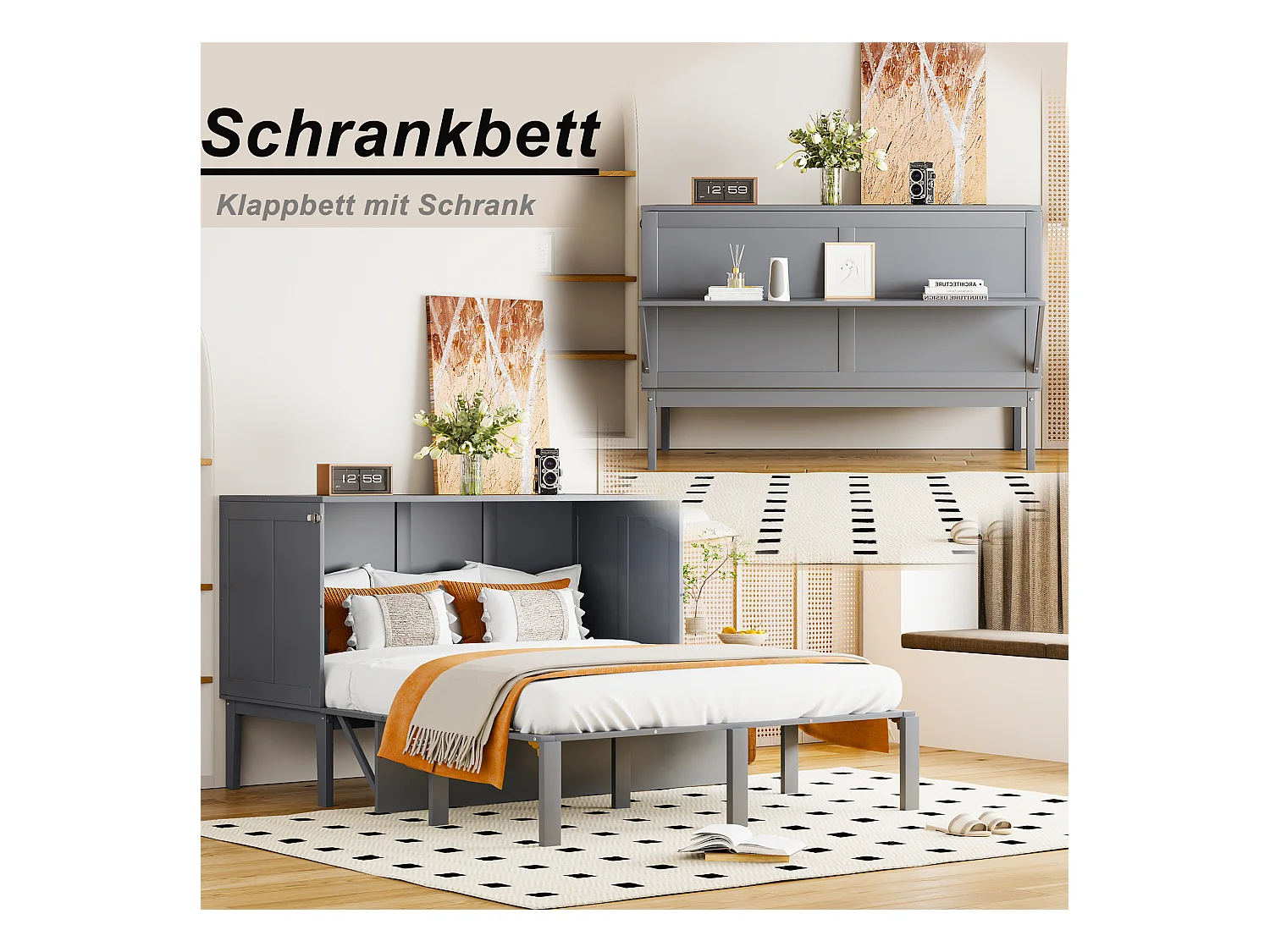 Lit escamotable vertical 140x200 cm avec sommier à lattes, armoire murale pliable, lit mural multifonctionnel, gris (205x146x71cm)