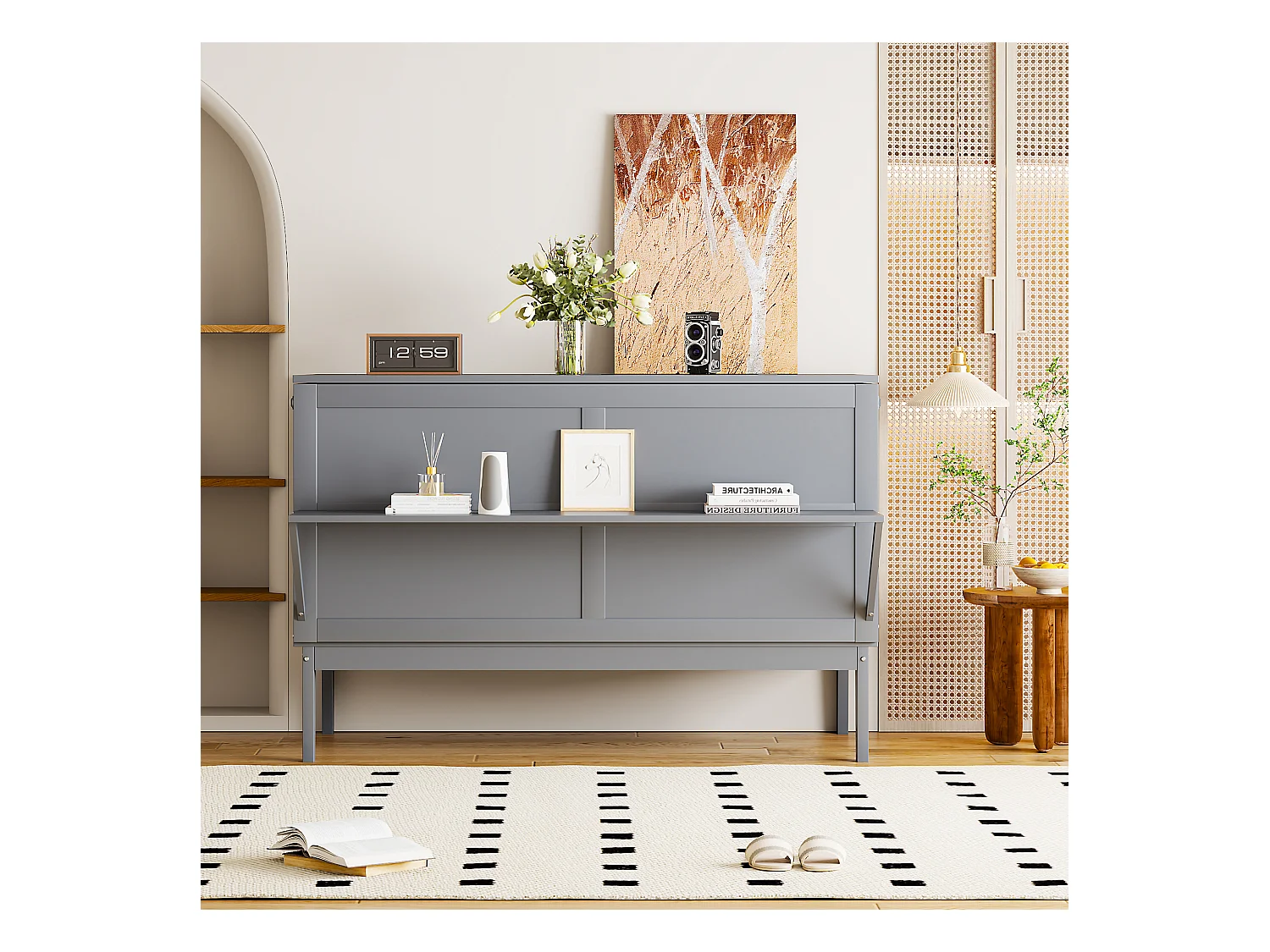 Lit escamotable vertical 140x200 cm avec sommier à lattes, armoire murale pliable, lit mural multifonctionnel, gris (205x146x71cm)