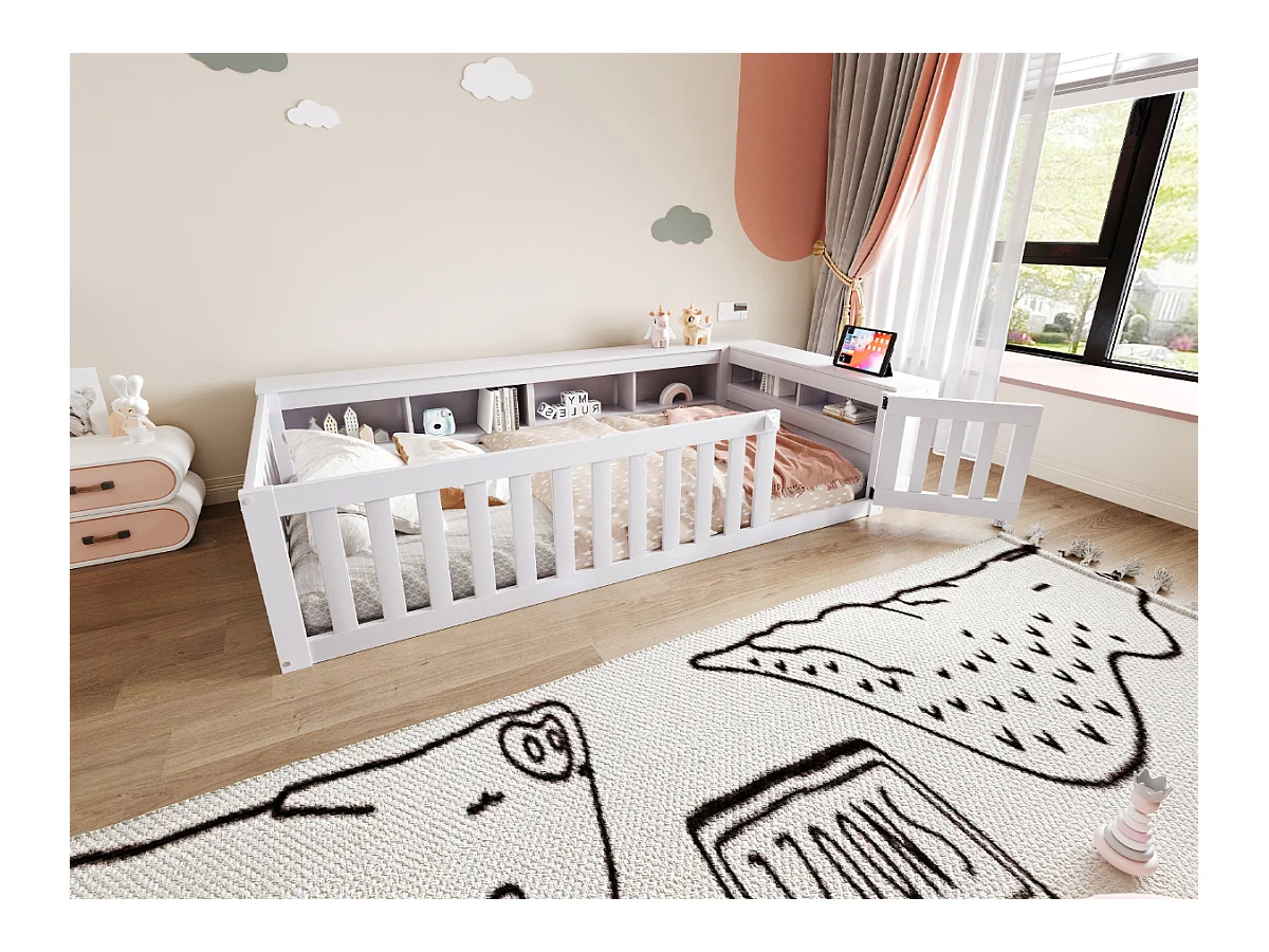 Lit enfant multifonction 90x200, avec rangements, sécurité, et structure en bois massif, gris (222.6x112x45 cm)