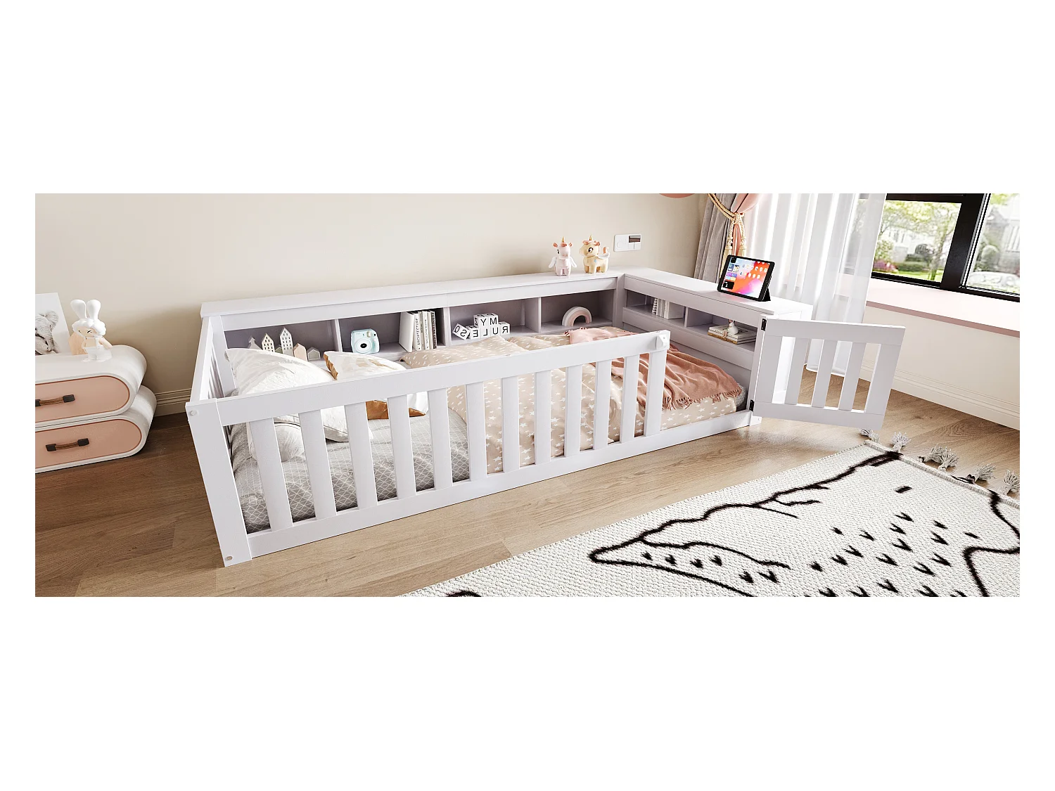 Lit enfant multifonction 90x200, avec rangements, sécurité, et structure en bois massif, gris (222.6x112x45 cm)