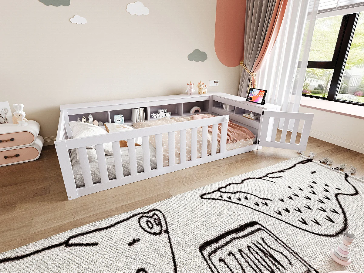 Multifunctioneel kinderbed 90x200, met opbergruimte, veiligheid en massief houten constructie, grijs (222,6x112x45 cm)