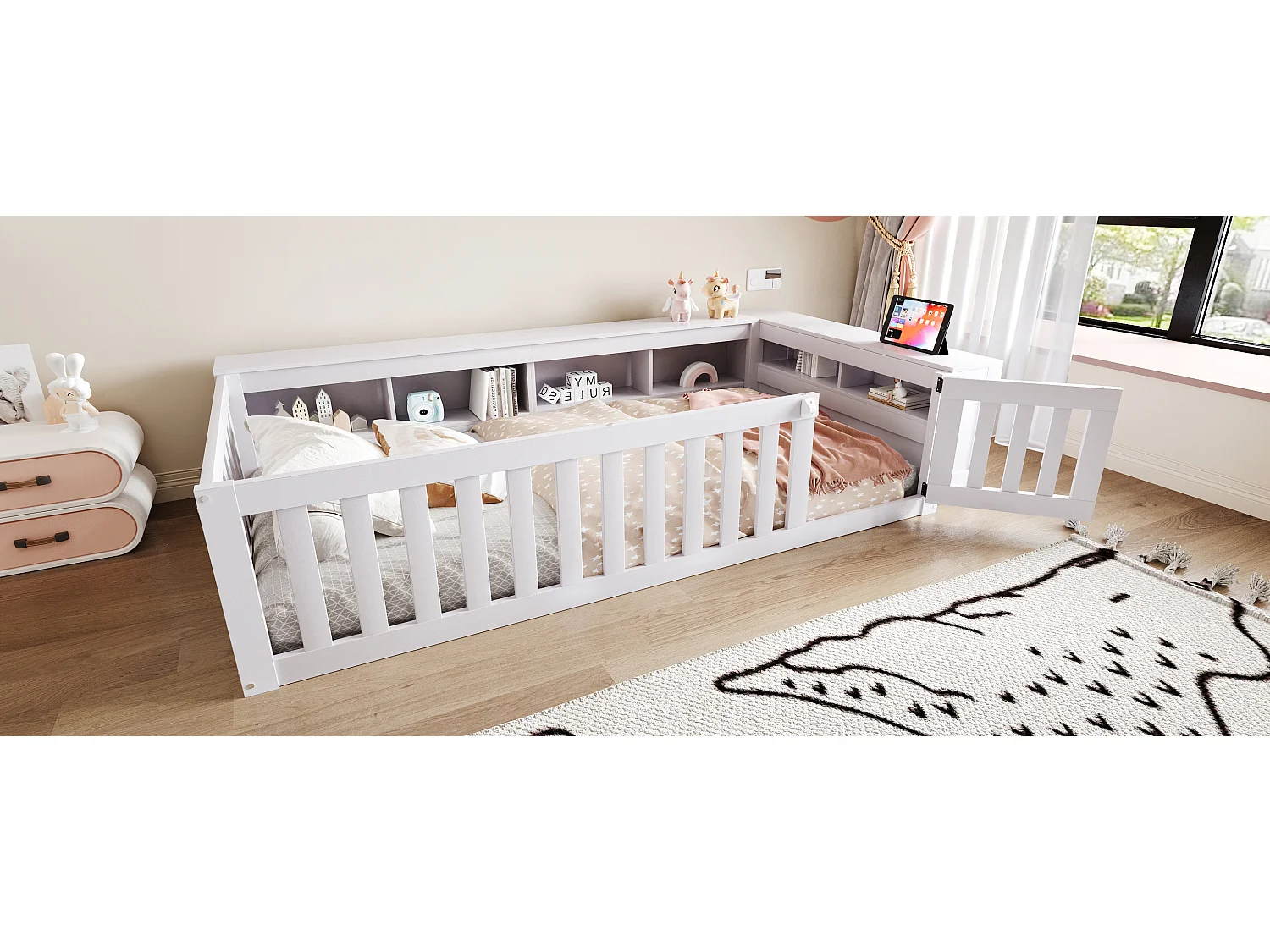 Multifunctioneel kinderbed 90x200, met opbergruimte, veiligheid en massief houten constructie, grijs (222,6x112x45 cm)