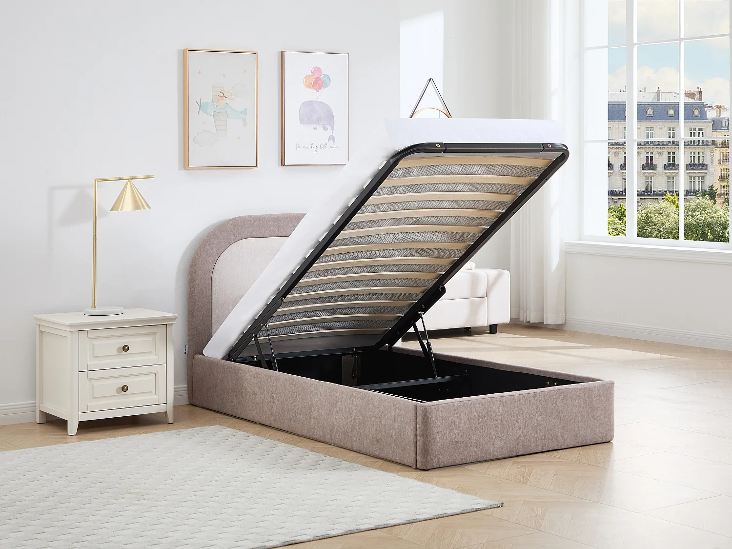 Lit coffre 90 x 190 cm – Tissu – Taupe et Beige - IDONO