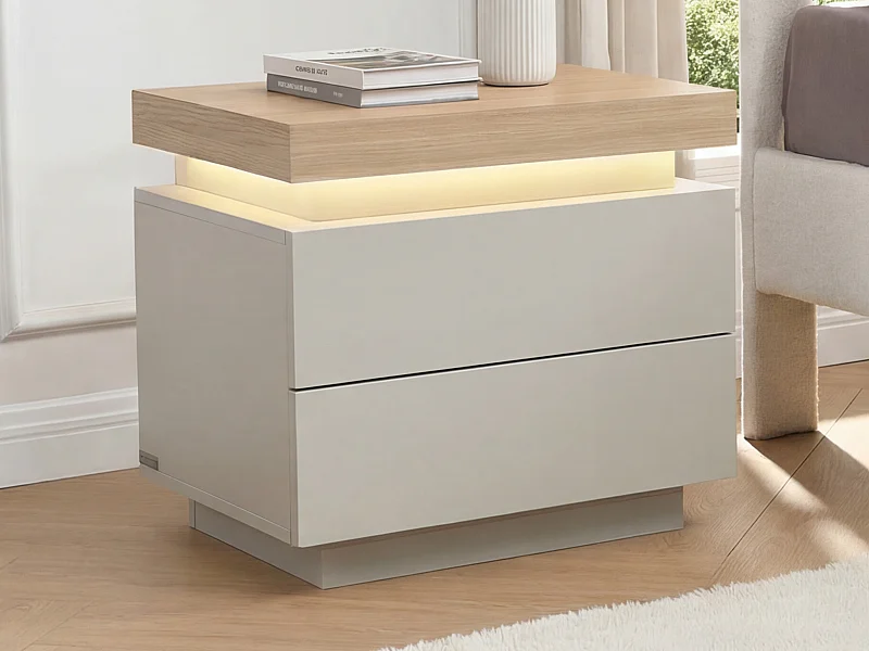 Table de chevet – 2 tiroirs – MDF laqué – Avec LEDs –Coloris : Naturel et Beige – HALO
