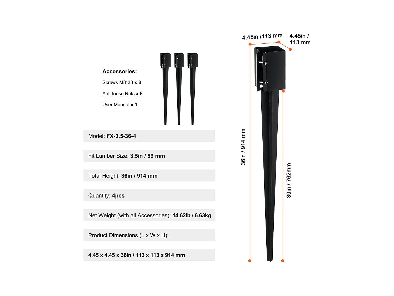 Aarde Haken SucceBuy Set van 4 voor Hekpalen, Metalen Pinnen 91 x 10 x 10cm, Metalen Pinnen met Zwarte Poedercoating voor Terras