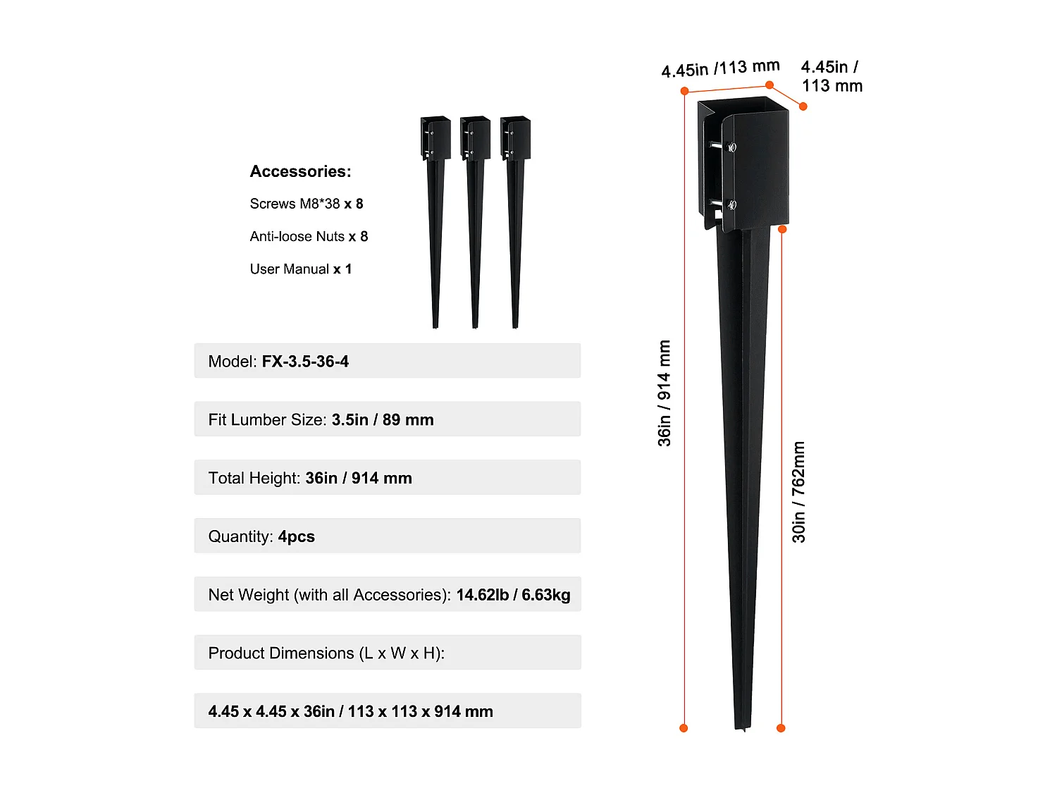 Piquets de Terre SucceBuy Lot de 4 pour Poteaux de Clôture, Piquets Métalliques 91 x 10 x 10cm, Piquets en Métal avec Revêtement en Poudre Noir pour Terrasse