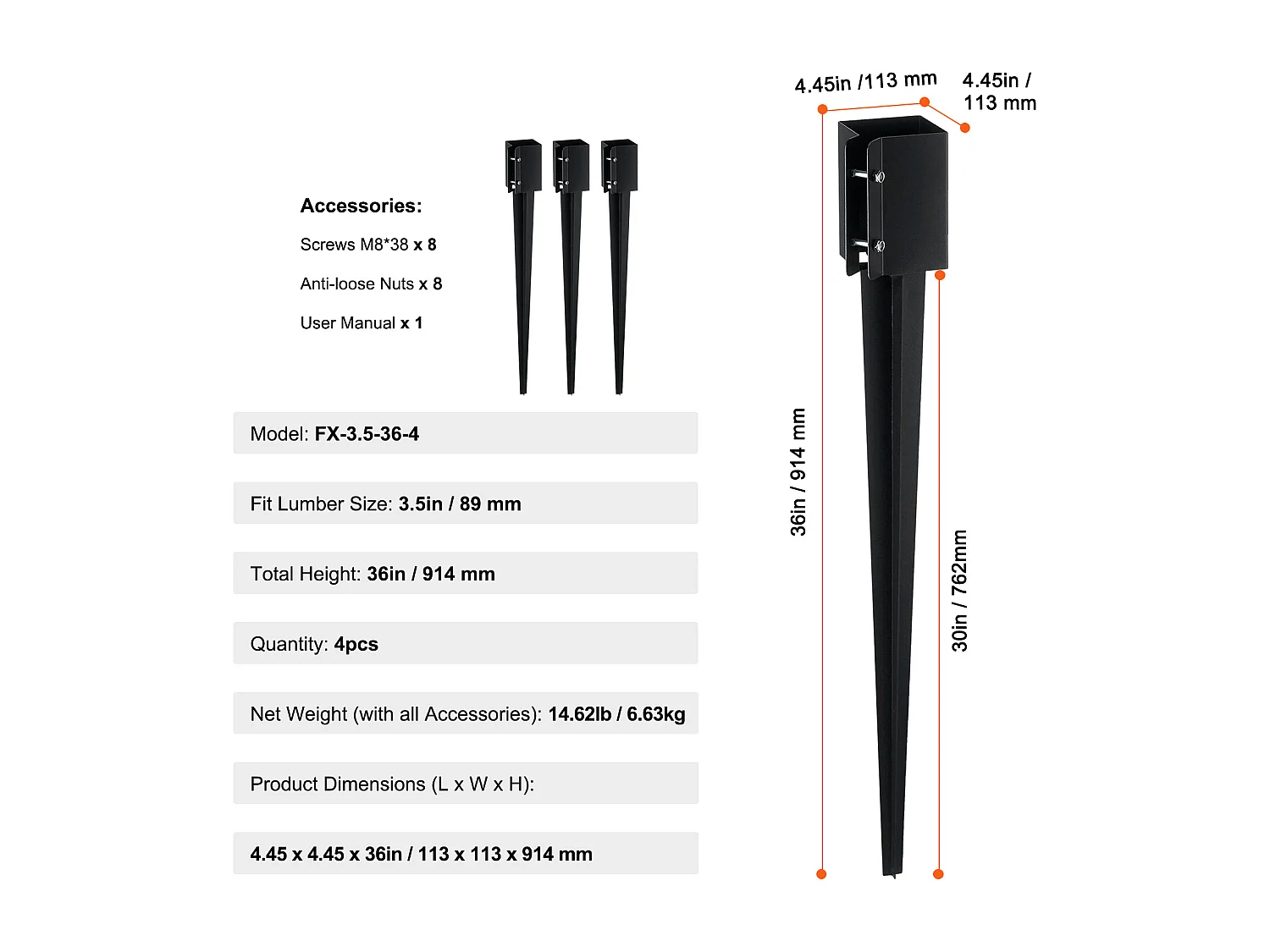 Aarde Haken SucceBuy Set van 4 voor Hekpalen, Metalen Pinnen 91 x 10 x 10cm, Metalen Pinnen met Zwarte Poedercoating voor Terras