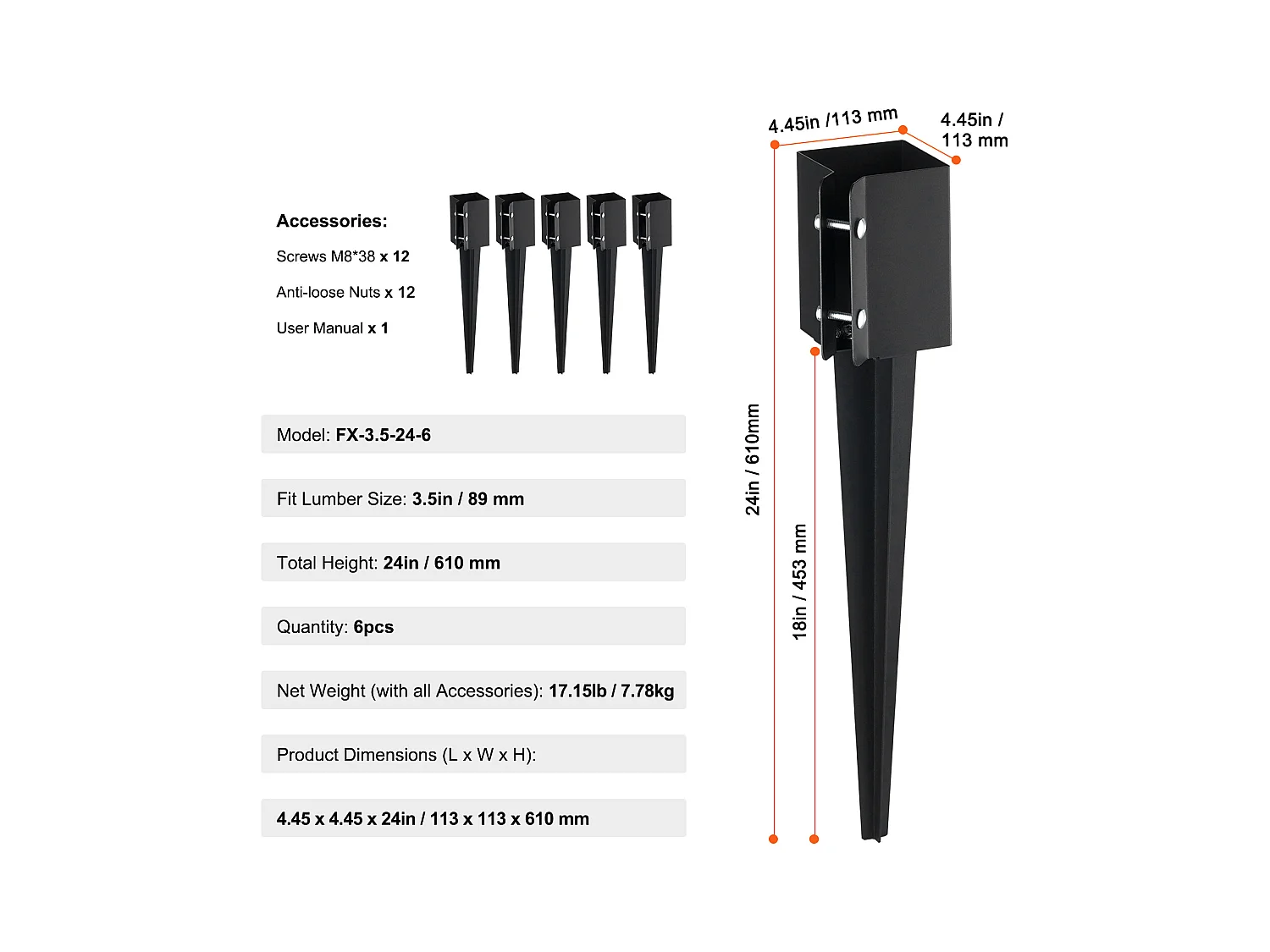 Piquets de Terre SucceBuy Lot de 6, Piquets Métalliques 61 x 10 x 10cm, Piquets en Métal avec Revêtement en Poudre Noir pour Support de Boîte aux Lettres