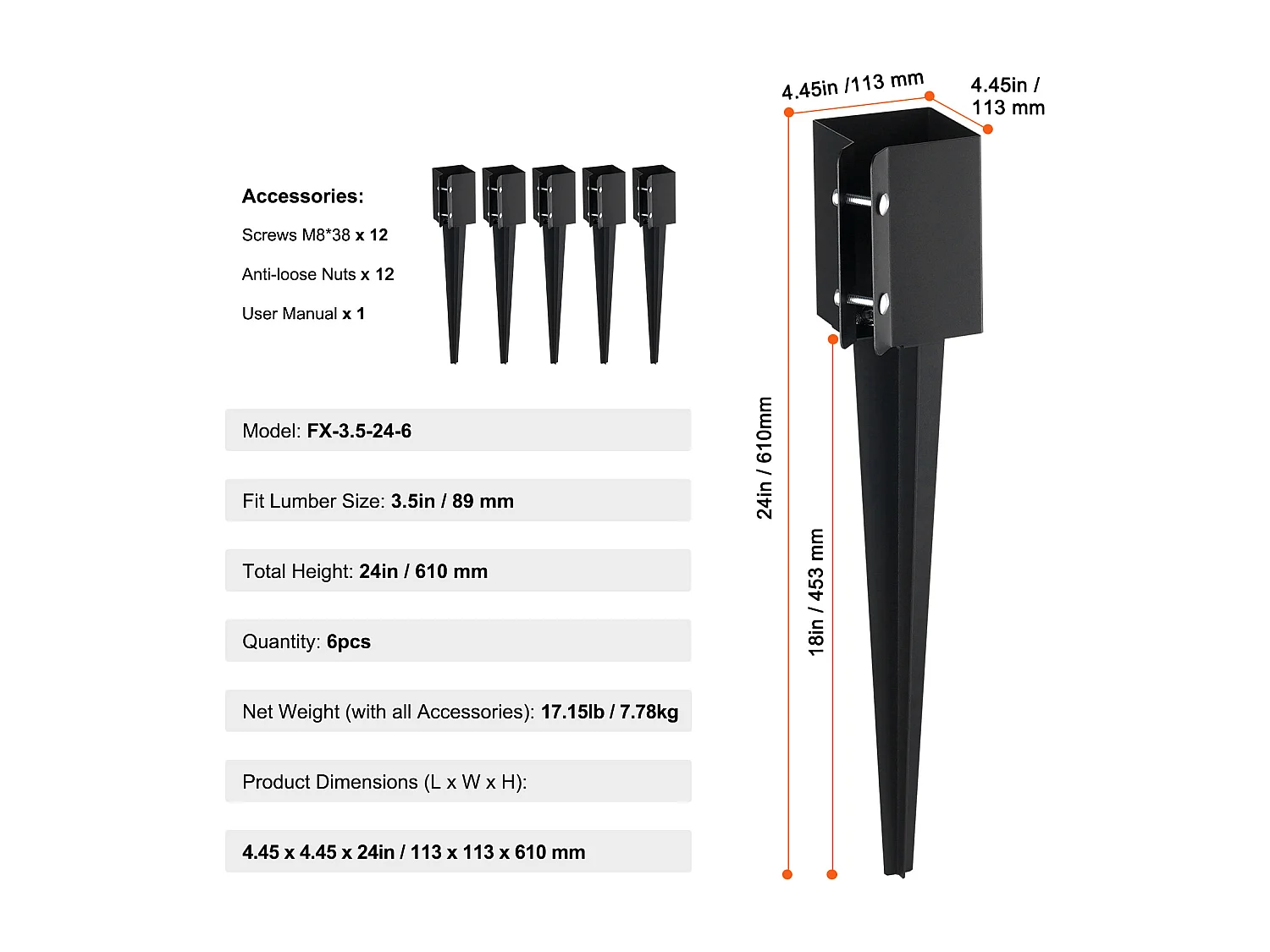 Piquets de Terre SucceBuy Lot de 6, Piquets Métalliques 61 x 10 x 10cm, Piquets en Métal avec Revêtement en Poudre Noir pour Support de Boîte aux Lettres