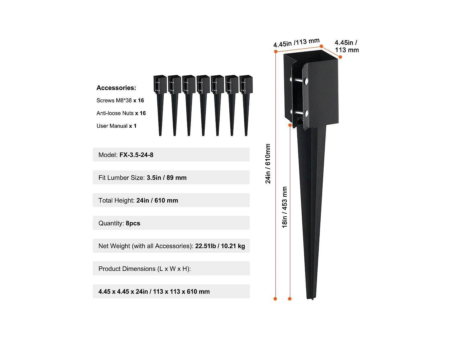 Piquets d'Ancrage SucceBuy Lot de 8 pour Poteau de Clôture, Piquets Métalliques 61 x 10 x 10cm, Métal, Revêtement en Poudre Noire, pour Terrasse