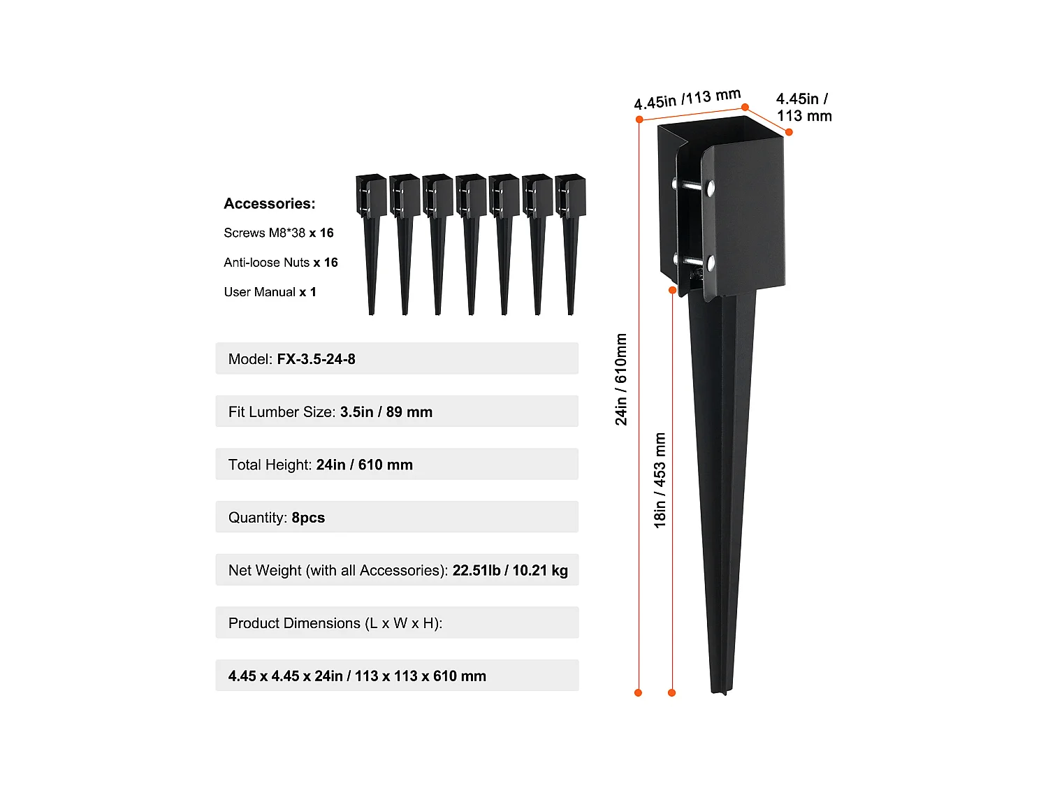 Piquets d'Ancrage SucceBuy Lot de 8 pour Poteau de Clôture, Piquets Métalliques 61 x 10 x 10cm, Métal, Revêtement en Poudre Noire, pour Terrasse