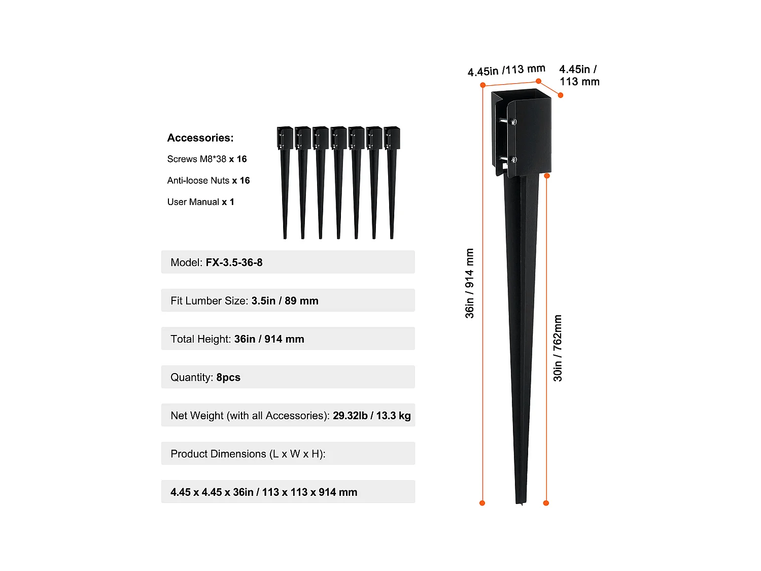 Pali di Terra SucceBuy Lotto di 8, Pali Metallici 91x 10 x 10cm, Pali di Metallo con Rivestimento in Polvere Nera per Supporto Cassetta delle Lettere