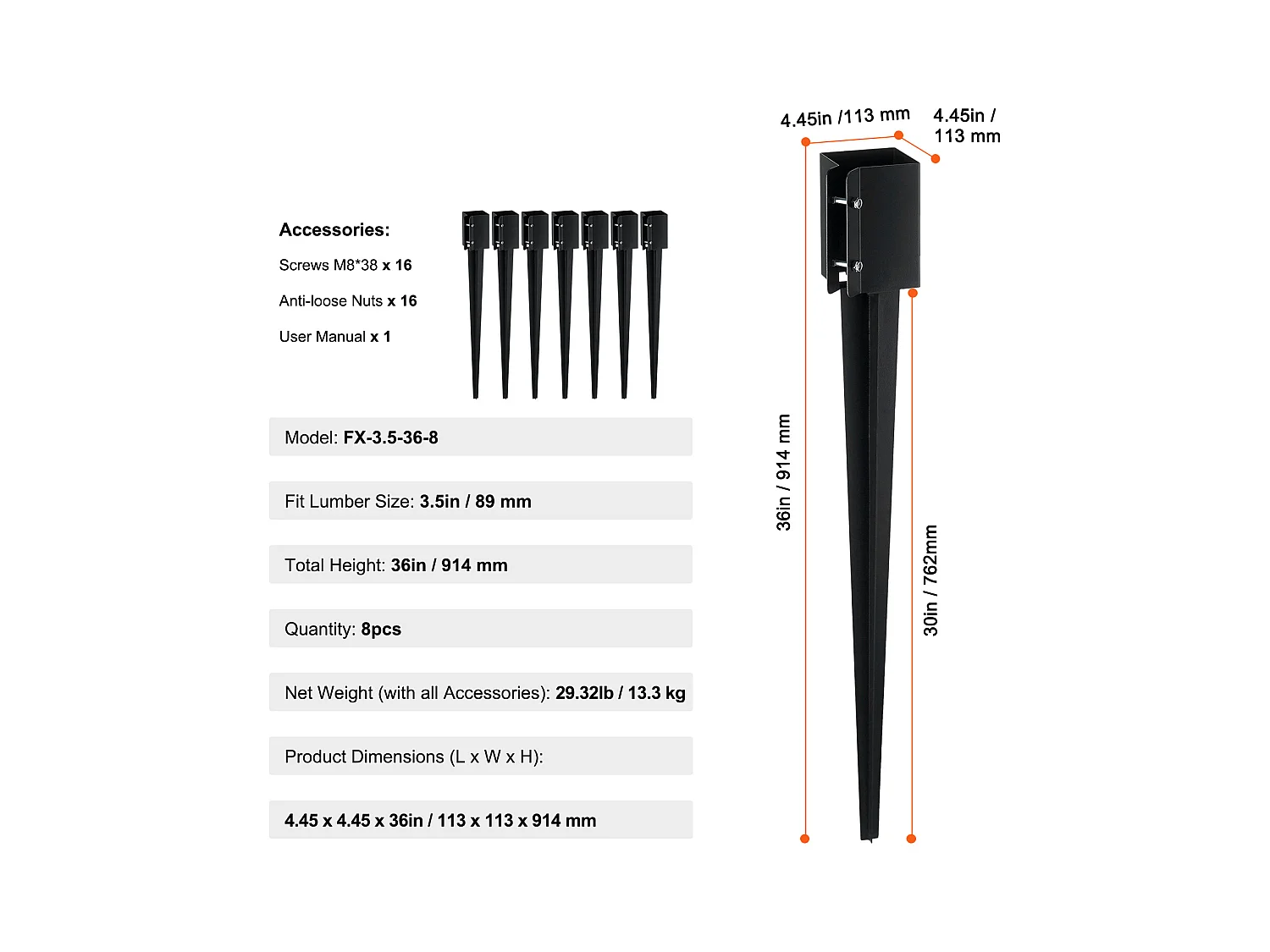 Pali di Terra SucceBuy Lotto di 8, Pali Metallici 91x 10 x 10cm, Pali di Metallo con Rivestimento in Polvere Nera per Supporto Cassetta delle Lettere