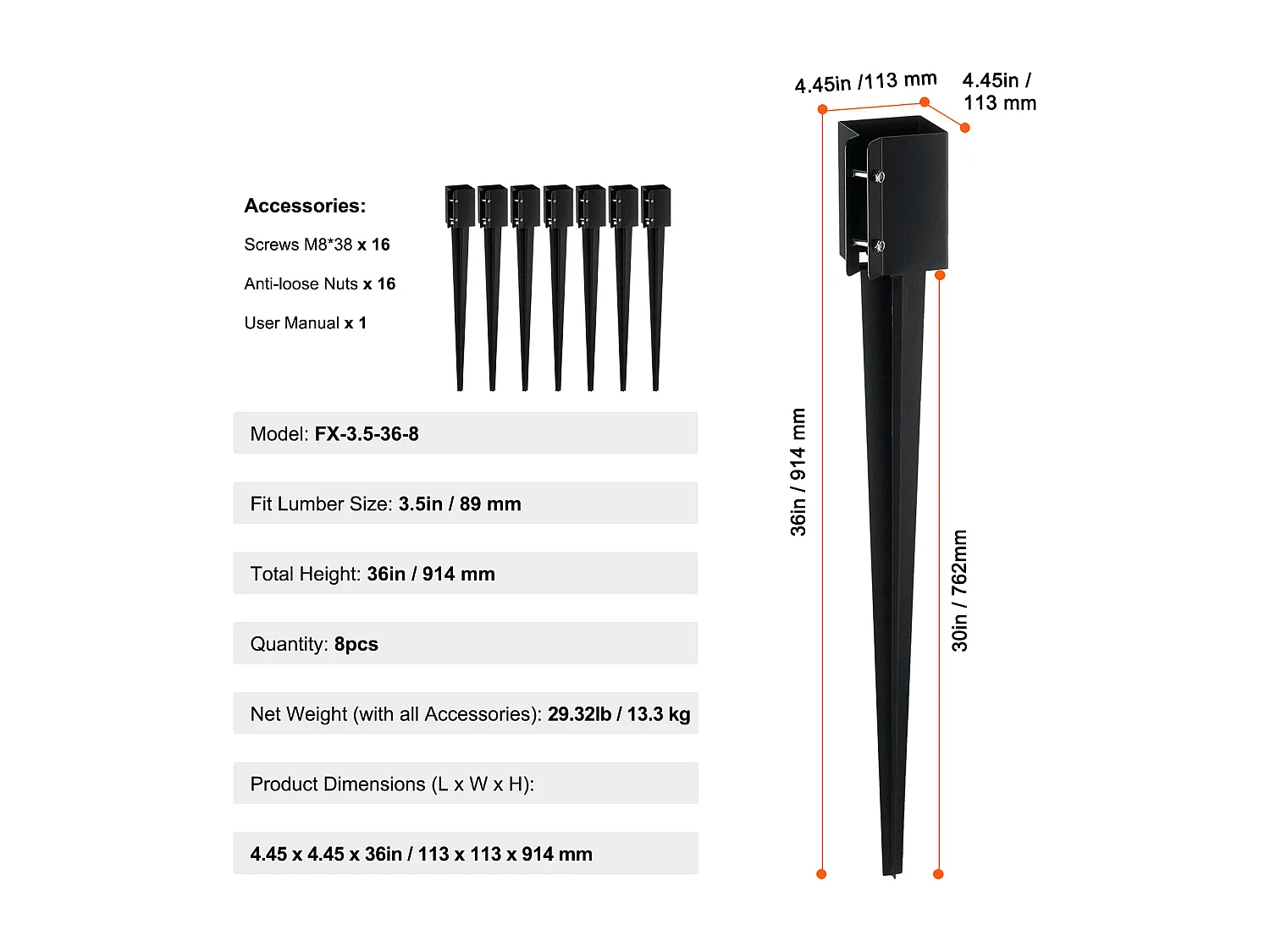 Piquets de Terre SucceBuy Lot de 8, Piquets Métalliques 91x 10 x 10cm, Piquets en Métal avec Revêtement en Poudre Noir pour Support de Boîte aux Lettres