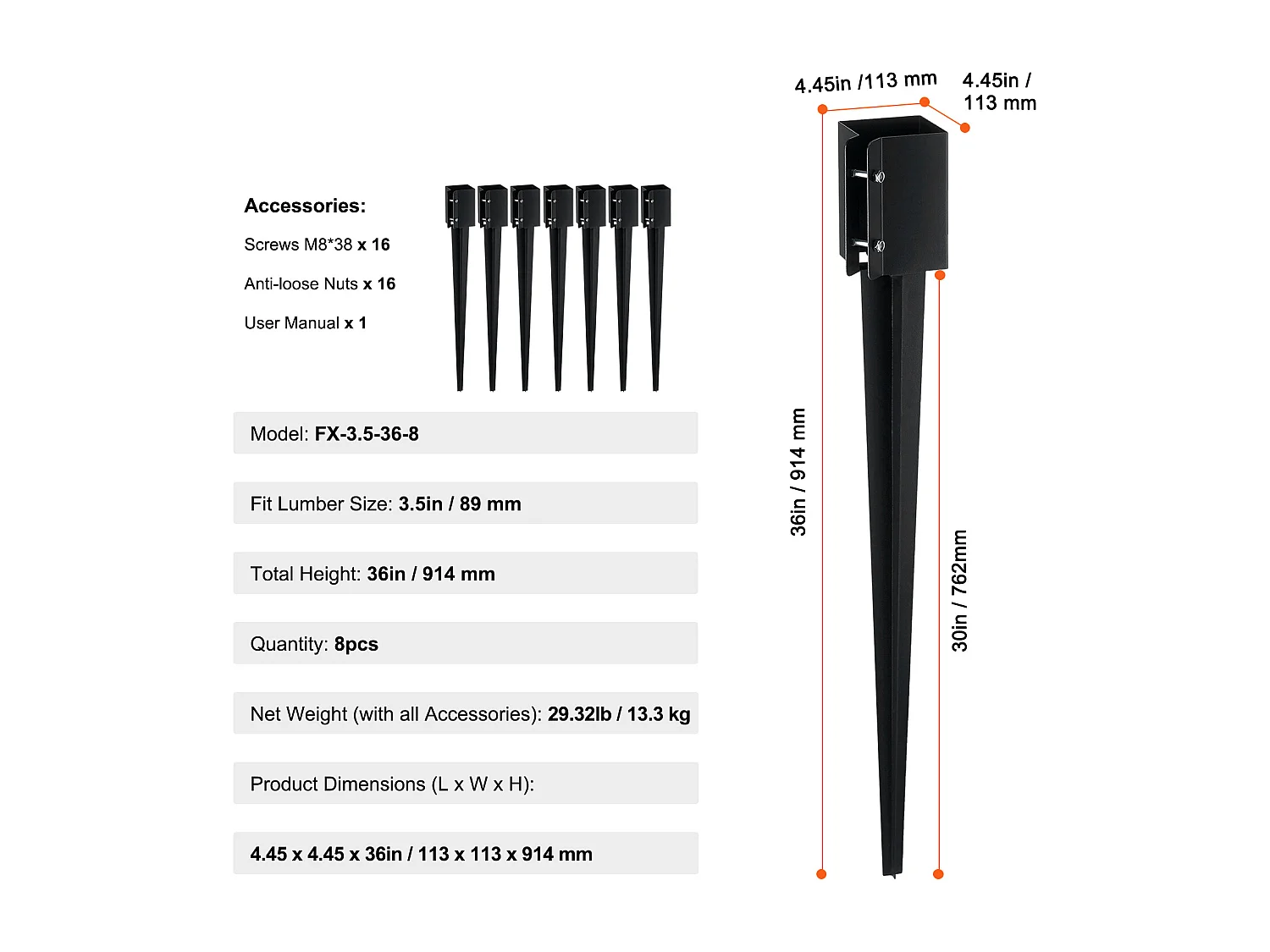 Piquets de Terre SucceBuy Lot de 8, Piquets Métalliques 91x 10 x 10cm, Piquets en Métal avec Revêtement en Poudre Noir pour Support de Boîte aux Lettres