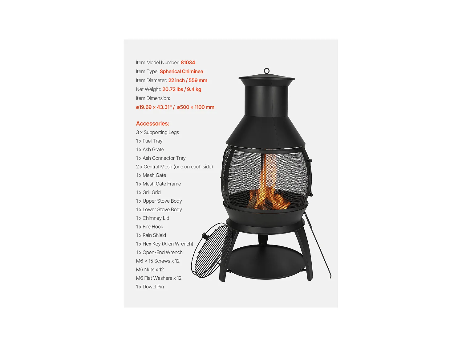 Camino Esterno SucceBuy, in Ferro di 56 cm, con Griglia e Coperchio di Camino, per Raduni in Giardino, Campeggio e Feste all'Aperto