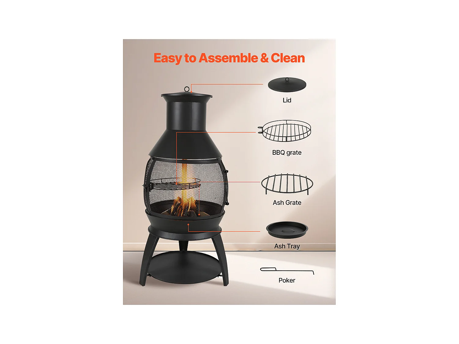 Camino Esterno SucceBuy, in Ferro di 56 cm, con Griglia e Coperchio di Camino, per Raduni in Giardino, Campeggio e Feste all'Aperto