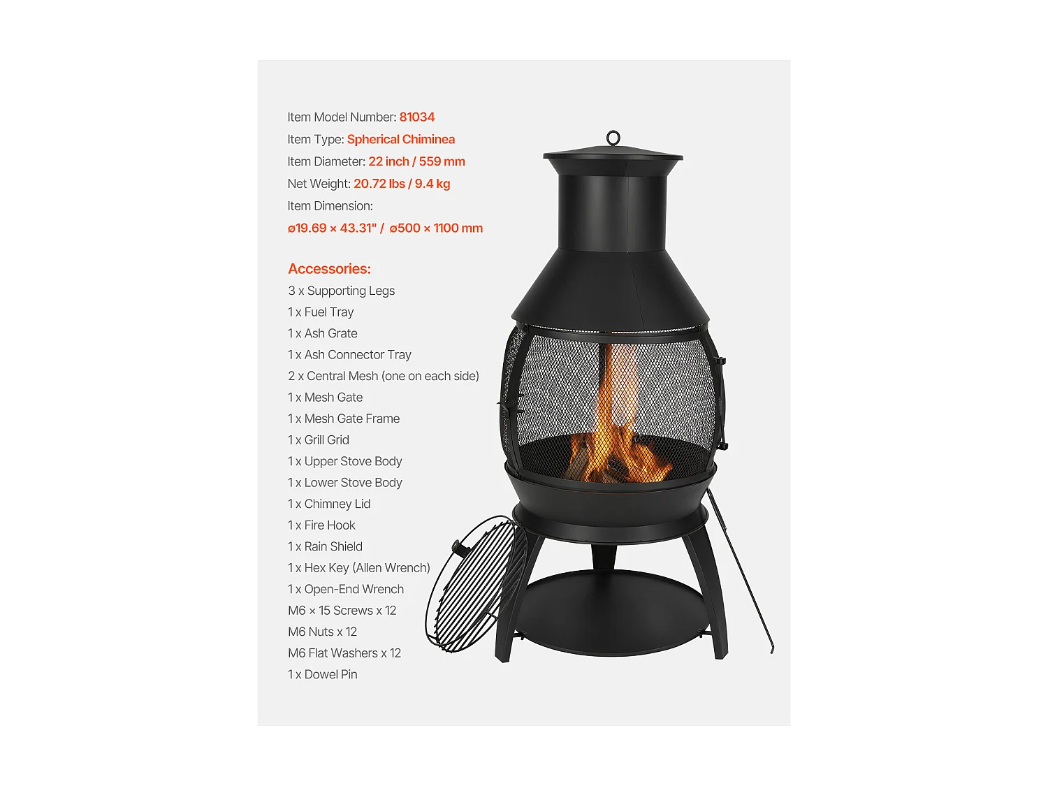 Cheminée d'Extérieur SucceBuy, en Fer de 56 cm, avec Grille et Couvercle de Cheminée, pour Rassemblements dans le Jardin, Camping et Fêtes en Plein Air