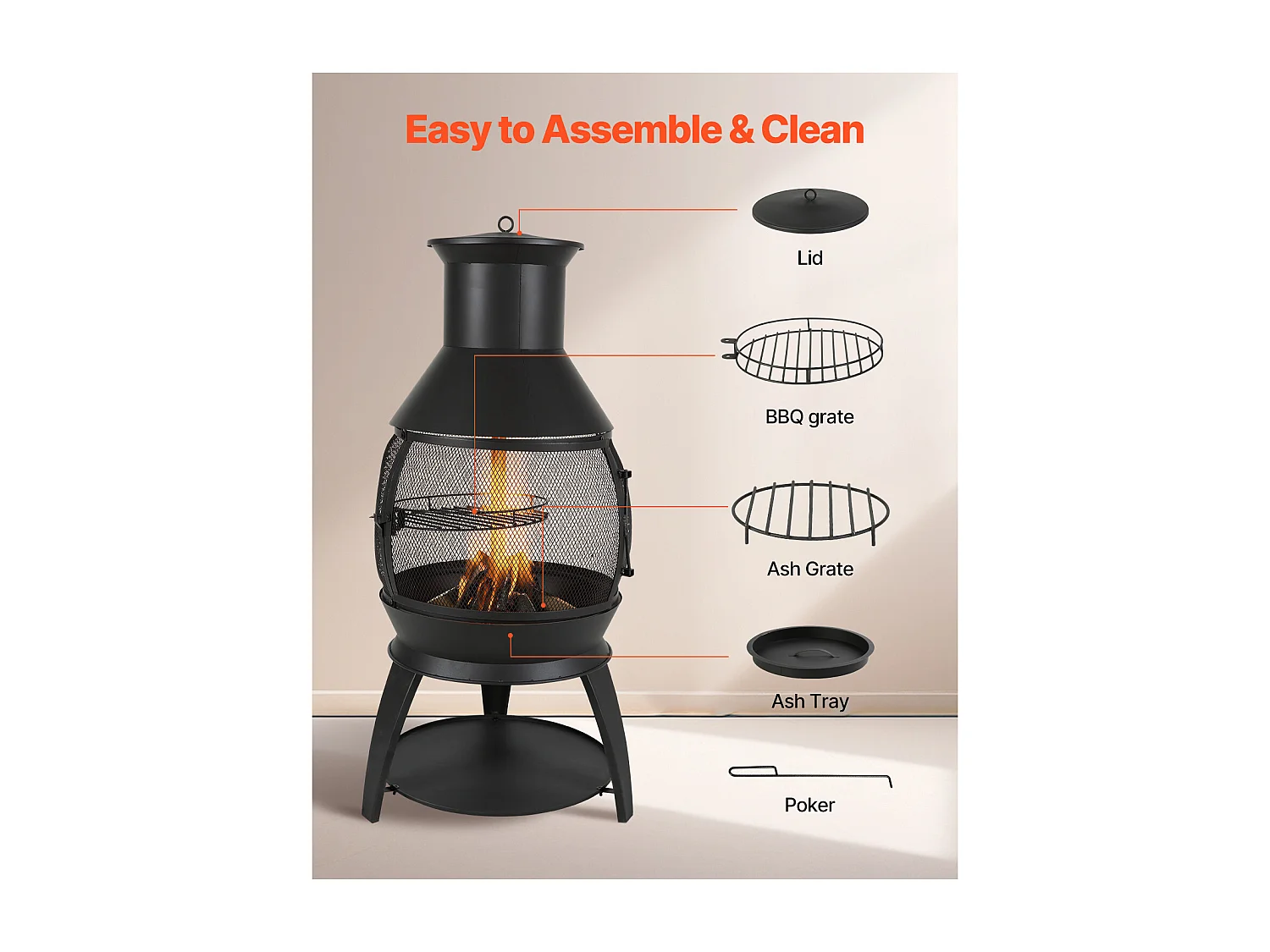 Cheminée d'Extérieur SucceBuy, en Fer de 56 cm, avec Grille et Couvercle de Cheminée, pour Rassemblements dans le Jardin, Camping et Fêtes en Plein Air