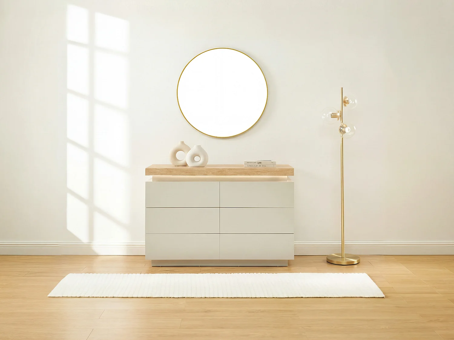 Commode – 6 tiroirs – MDF laqué – Avec LEDs – Coloris : Naturel et Beige - HALO