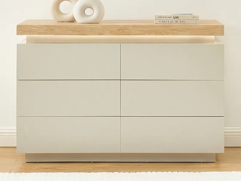 Commode – 6 tiroirs – MDF laqué – Avec LEDs – Coloris : Naturel et Beige - HALO