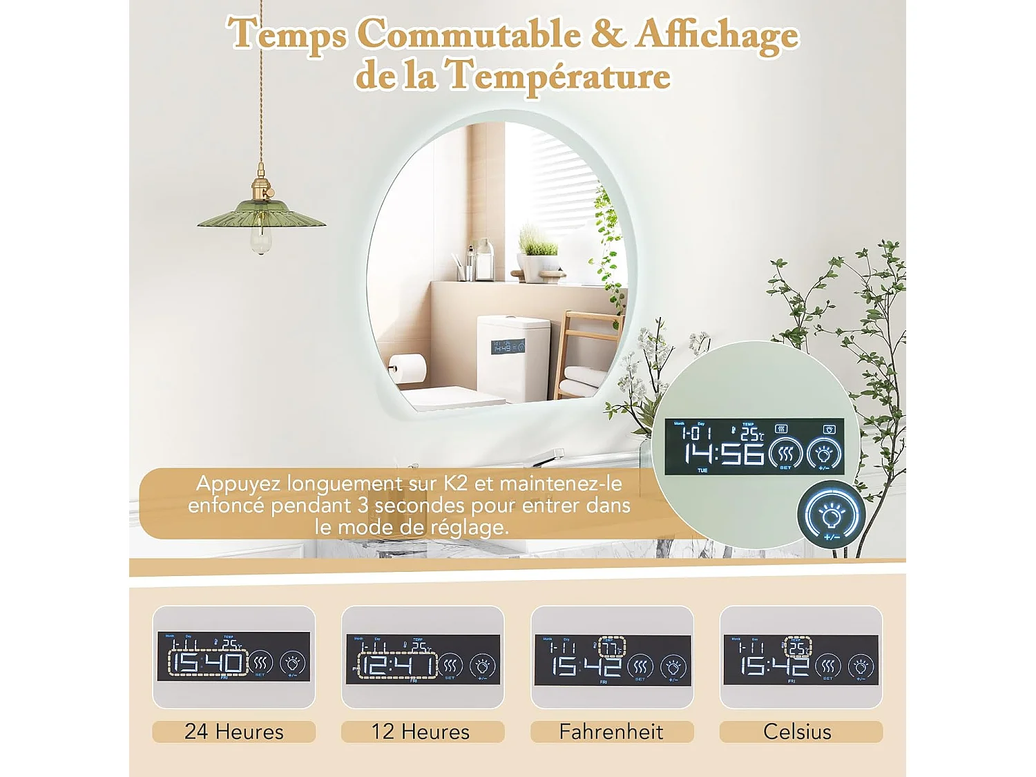 Miroir salle de bain avec éclairage 60 x 53 cm, miroir led antibuee, désembuage,3 couleurs