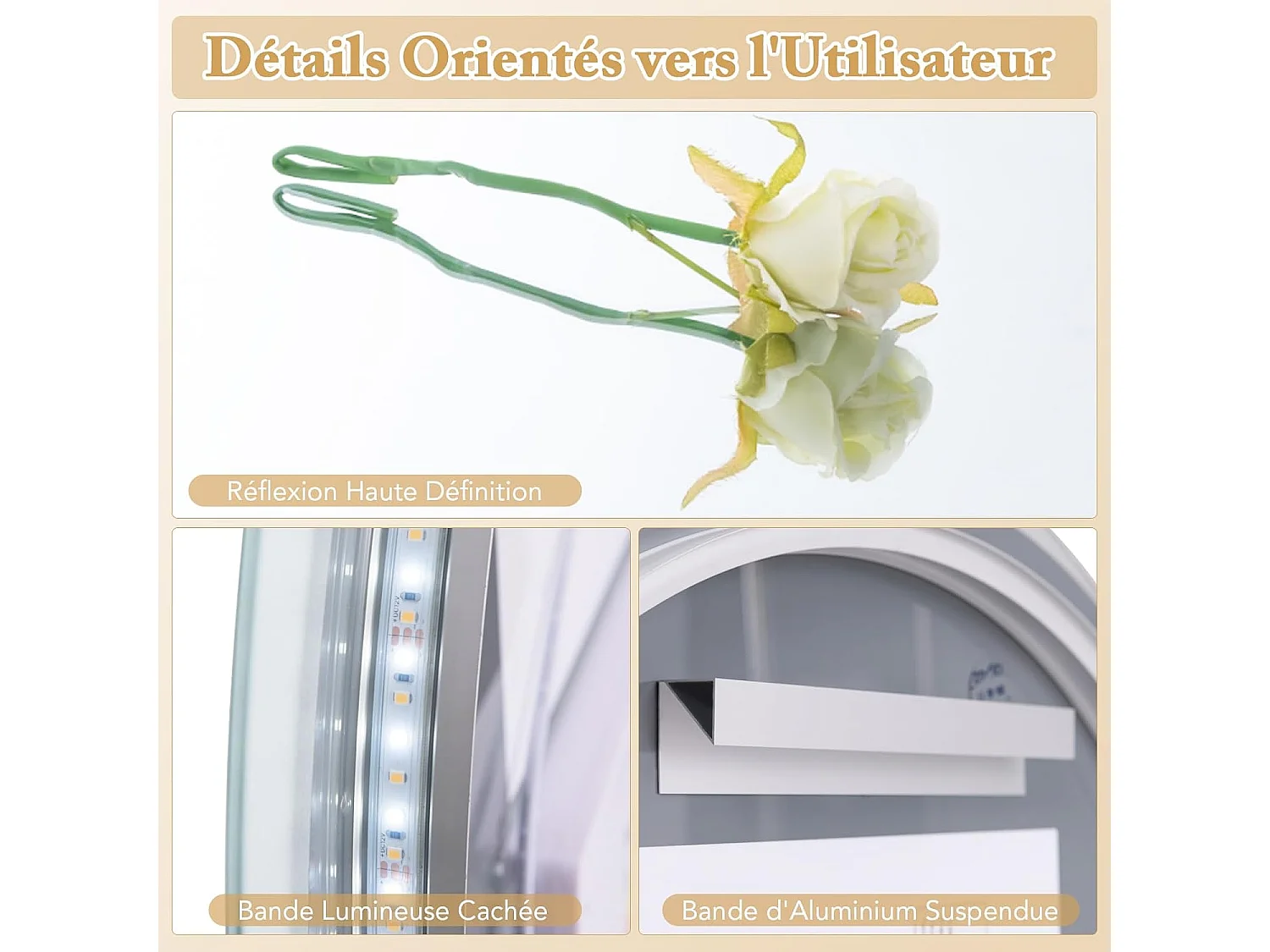 Miroir salle de bain avec éclairage 60 x 53 cm, miroir led antibuee, désembuage,3 couleurs