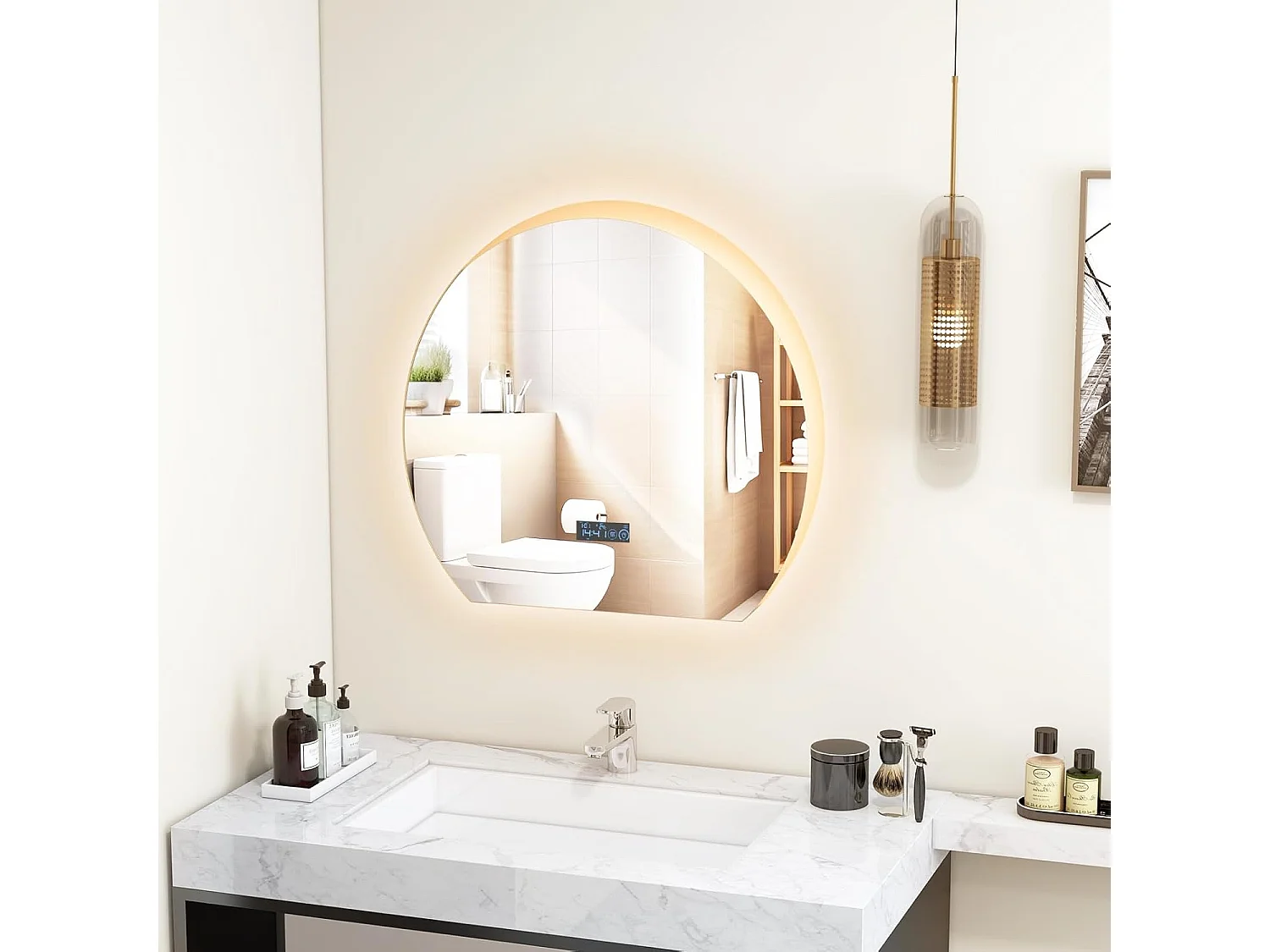 Miroir salle de bain avec éclairage 60 x 53 cm, miroir led antibuee, désembuage,3 couleurs