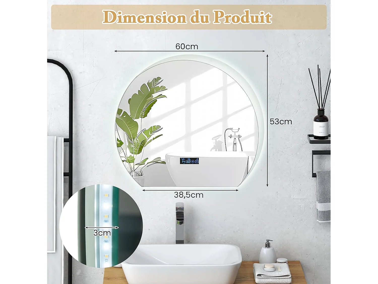Miroir salle de bain avec éclairage 60 x 53 cm, miroir led antibuee, désembuage,3 couleurs