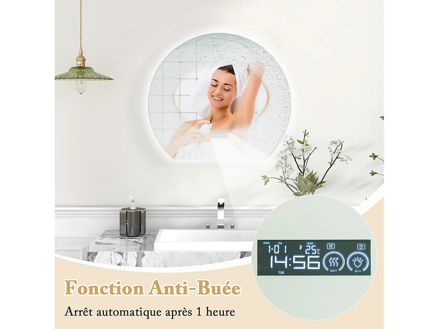 Miroir salle de bain avec éclairage 60 x 53 cm, miroir led antibuee, désembuage,3 couleurs