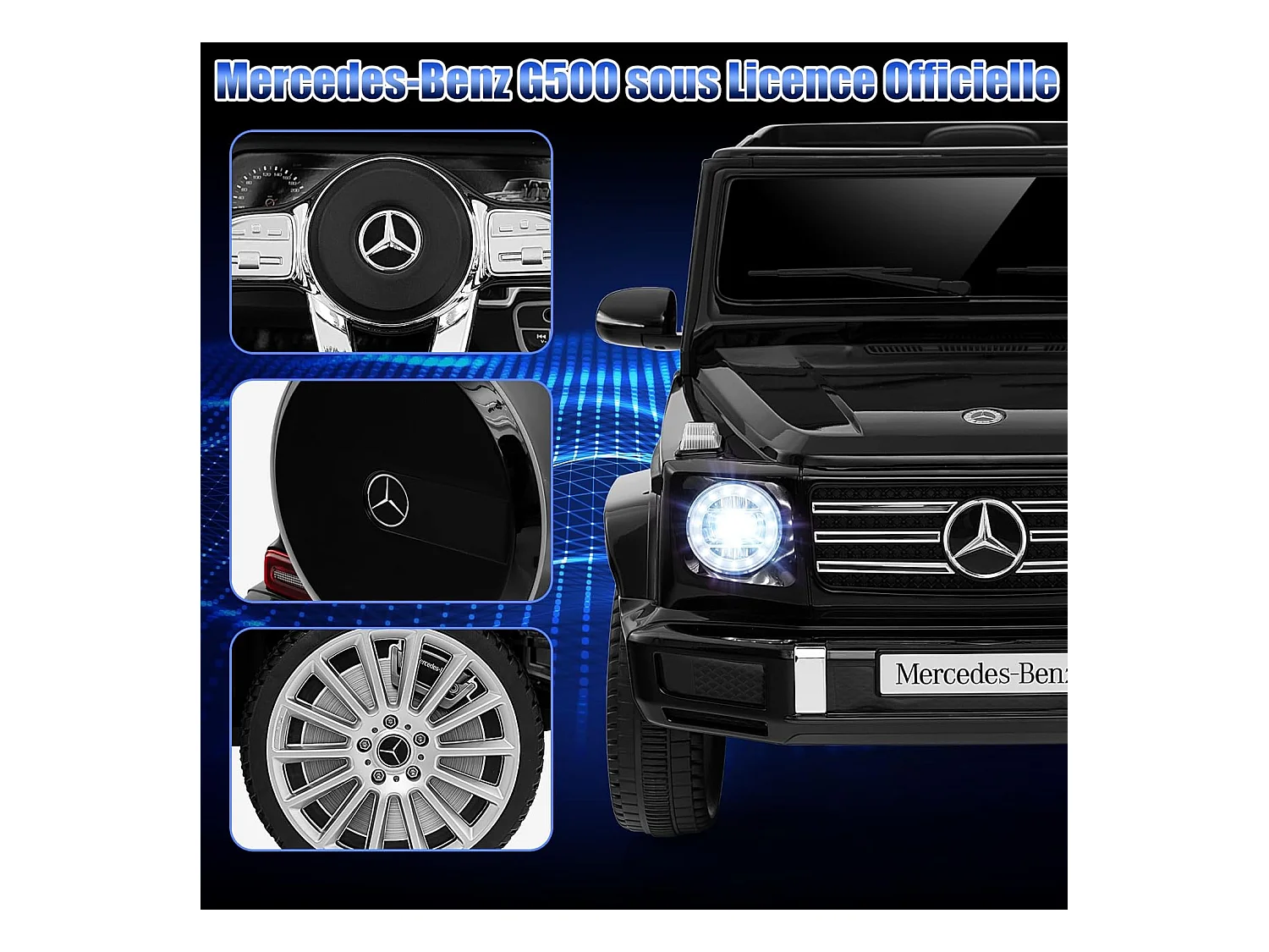Voiture Électrique Enfants Mercedes-Benz G500 avec Télécommande 12V, Lumières LED & Musique, Démarrage Lent, Noir