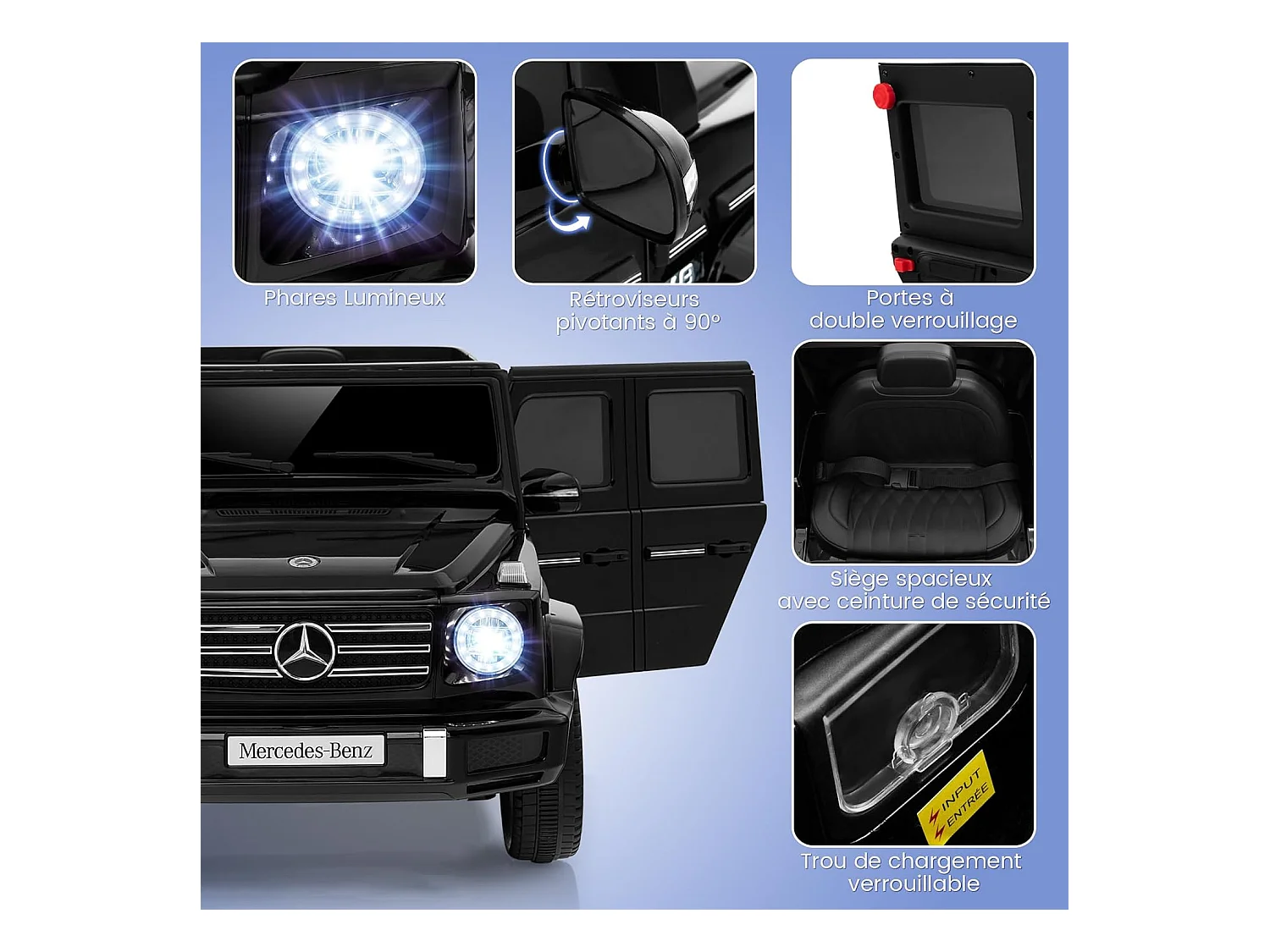 Voiture Électrique Enfants Mercedes-Benz G500 avec Télécommande 12V, Lumières LED & Musique, Démarrage Lent, Noir