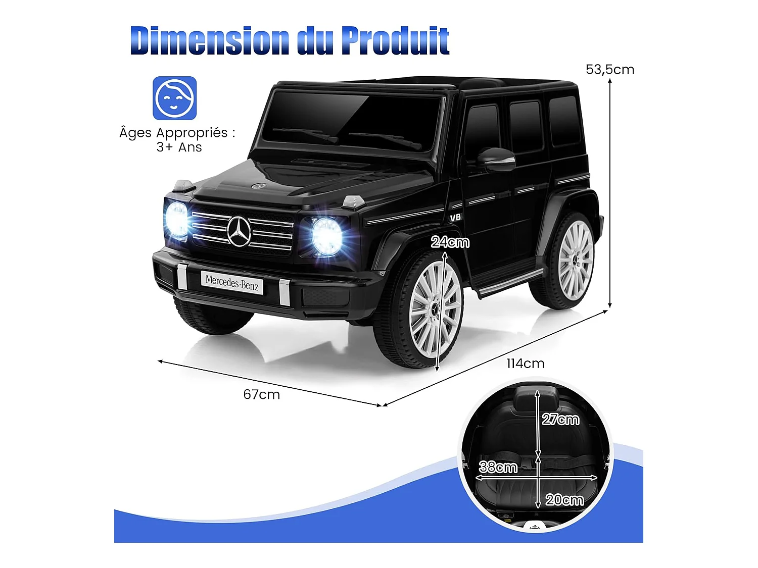 Voiture Électrique Enfants Mercedes-Benz G500 avec Télécommande 12V, Lumières LED & Musique, Démarrage Lent, Noir