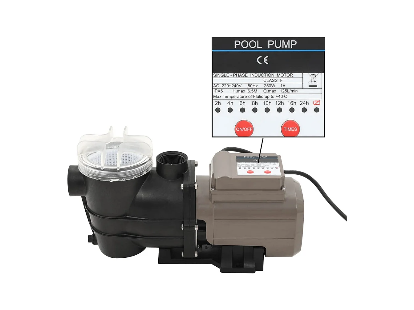 Bomba de piscina com temporizador preto 0,25 HP 8000 L/h PT171317