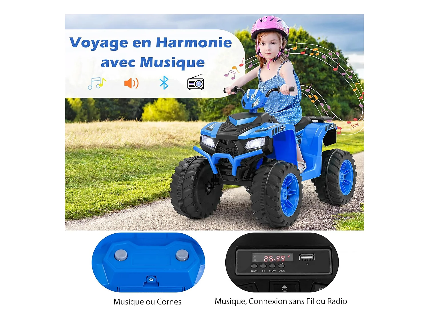 Quad Électrique Enfant 24V avec Musique, Lumières LED, Pédale & Démarrage Lent - Vitesse 2,8/5 km/h - Charge 35kg - 3-8 Ans (Bleu)