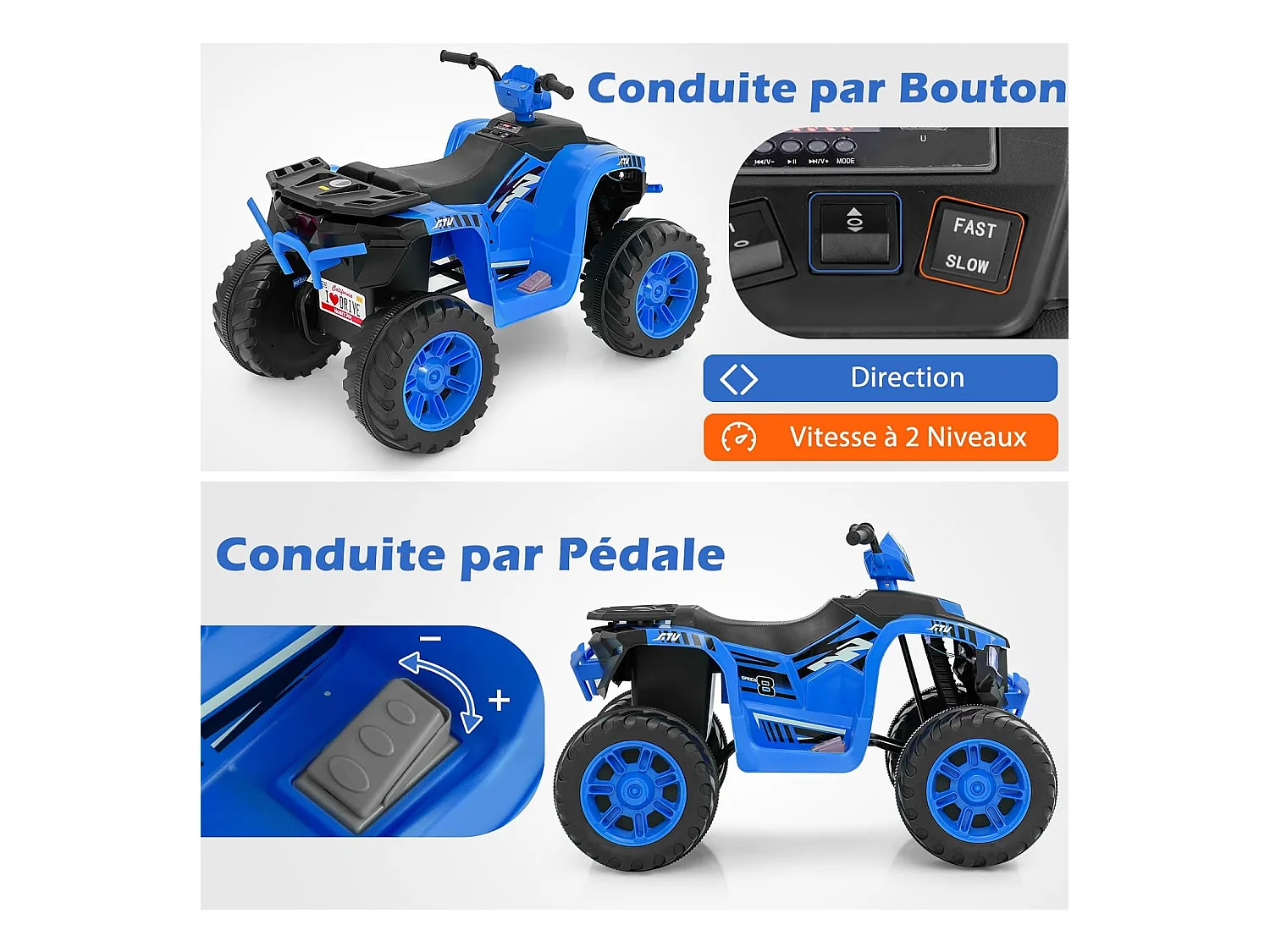 Quad Électrique Enfant 24V avec Musique, Lumières LED, Pédale & Démarrage Lent - Vitesse 2,8/5 km/h - Charge 35kg - 3-8 Ans (Bleu)
