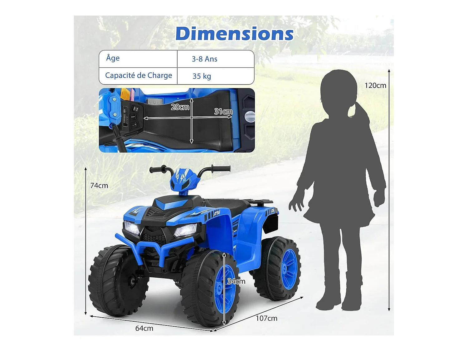 Quad Électrique Enfant 24V avec Musique, Lumières LED, Pédale & Démarrage Lent - Vitesse 2,8/5 km/h - Charge 35kg - 3-8 Ans (Bleu)