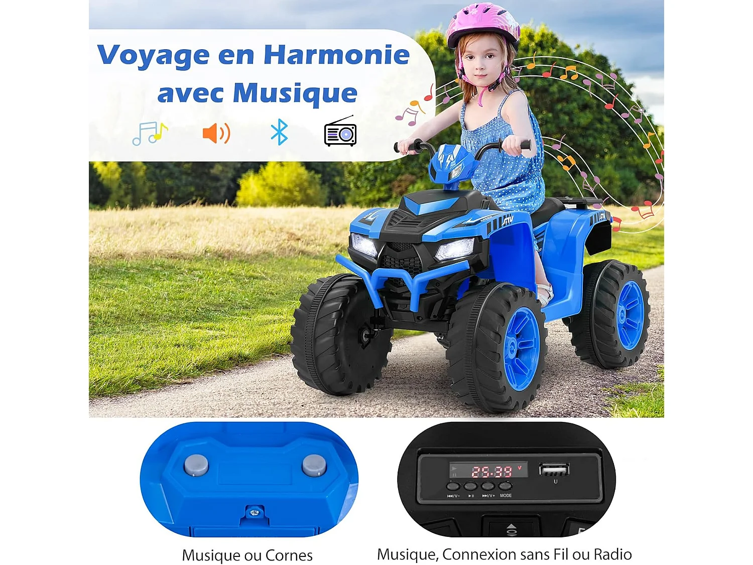 Elektrische Quad voor Kinderen 24V met Muziek, LED-Verlichting, Pedaal & Langzame Start - Snelheid 2,8/5 km/u - Draagvermogen 35kg - 3-8 Jaar (Blauw)