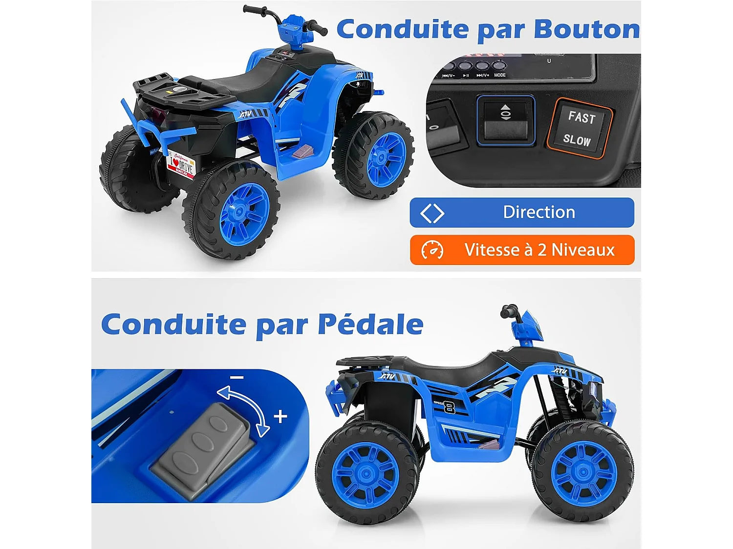Elektrische Quad voor Kinderen 24V met Muziek, LED-Verlichting, Pedaal & Langzame Start - Snelheid 2,8/5 km/u - Draagvermogen 35kg - 3-8 Jaar (Blauw)