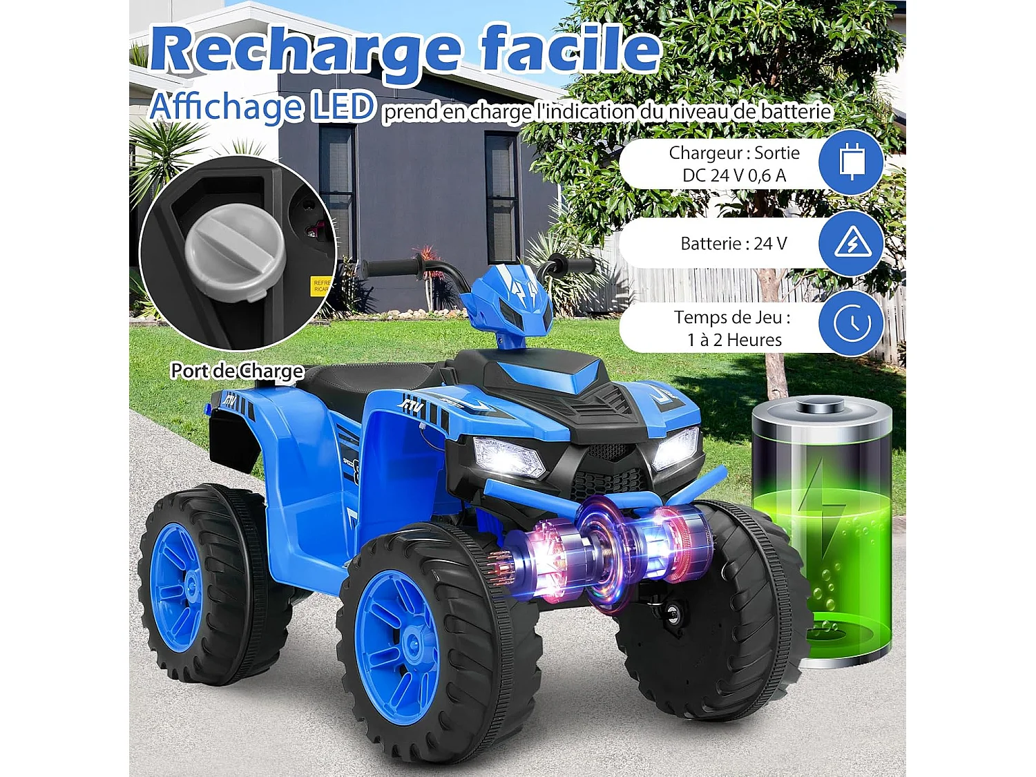 Elektrische Quad voor Kinderen 24V met Muziek, LED-Verlichting, Pedaal & Langzame Start - Snelheid 2,8/5 km/u - Draagvermogen 35kg - 3-8 Jaar (Blauw)