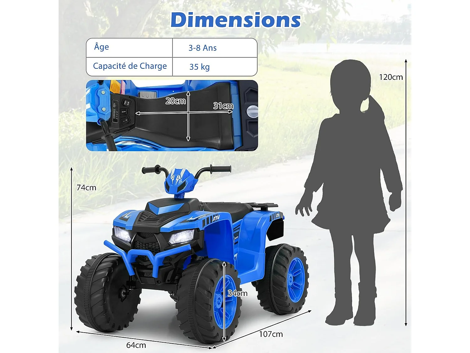 Elektrische Quad voor Kinderen 24V met Muziek, LED-Verlichting, Pedaal & Langzame Start - Snelheid 2,8/5 km/u - Draagvermogen 35kg - 3-8 Jaar (Blauw)
