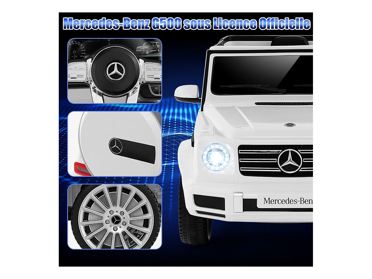 Voiture Électrique Enfants Mercedes-Benz G500 12V avec Télécommande, Musique, Klaxon, Phares LED - Blanc
