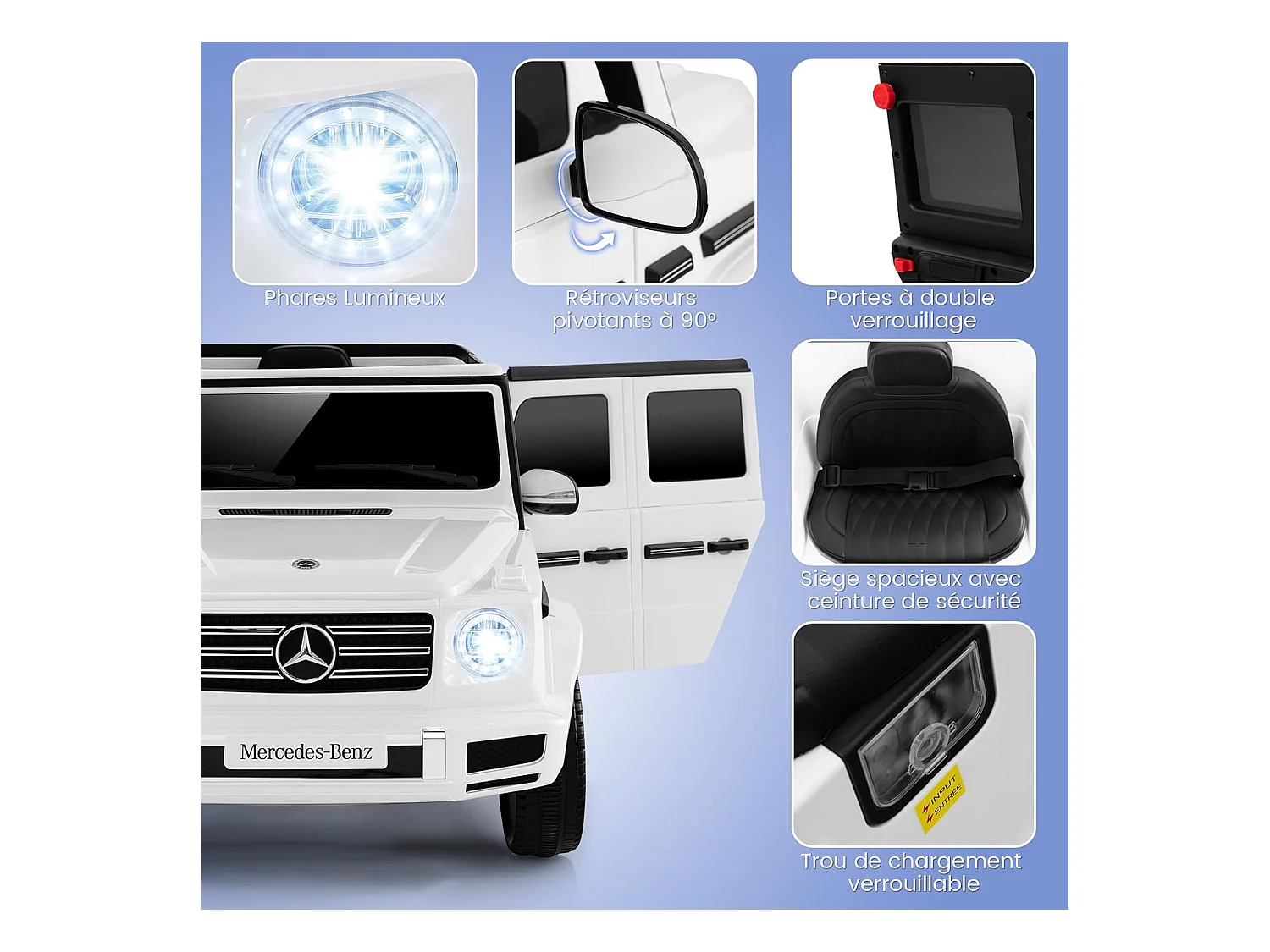 Voiture Électrique Enfants Mercedes-Benz G500 12V avec Télécommande, Musique, Klaxon, Phares LED - Blanc