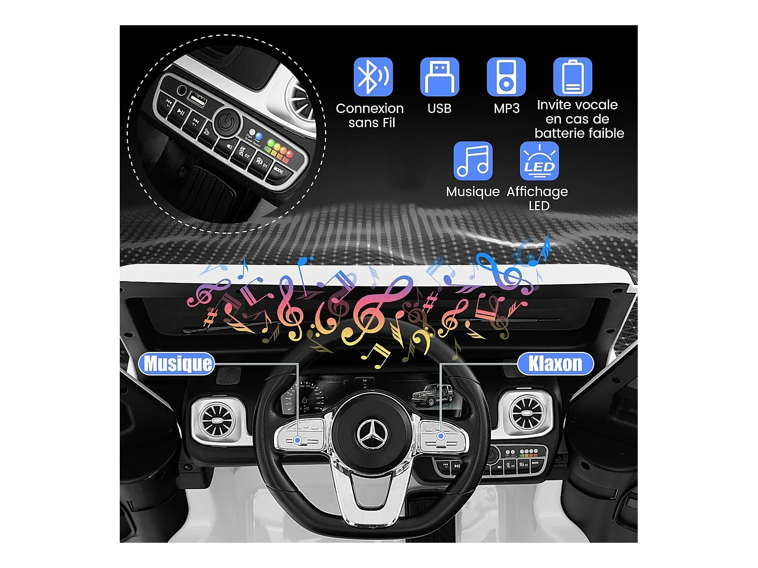 Voiture Électrique Enfants Mercedes-Benz G500 12V avec Télécommande, Musique, Klaxon, Phares LED - Blanc