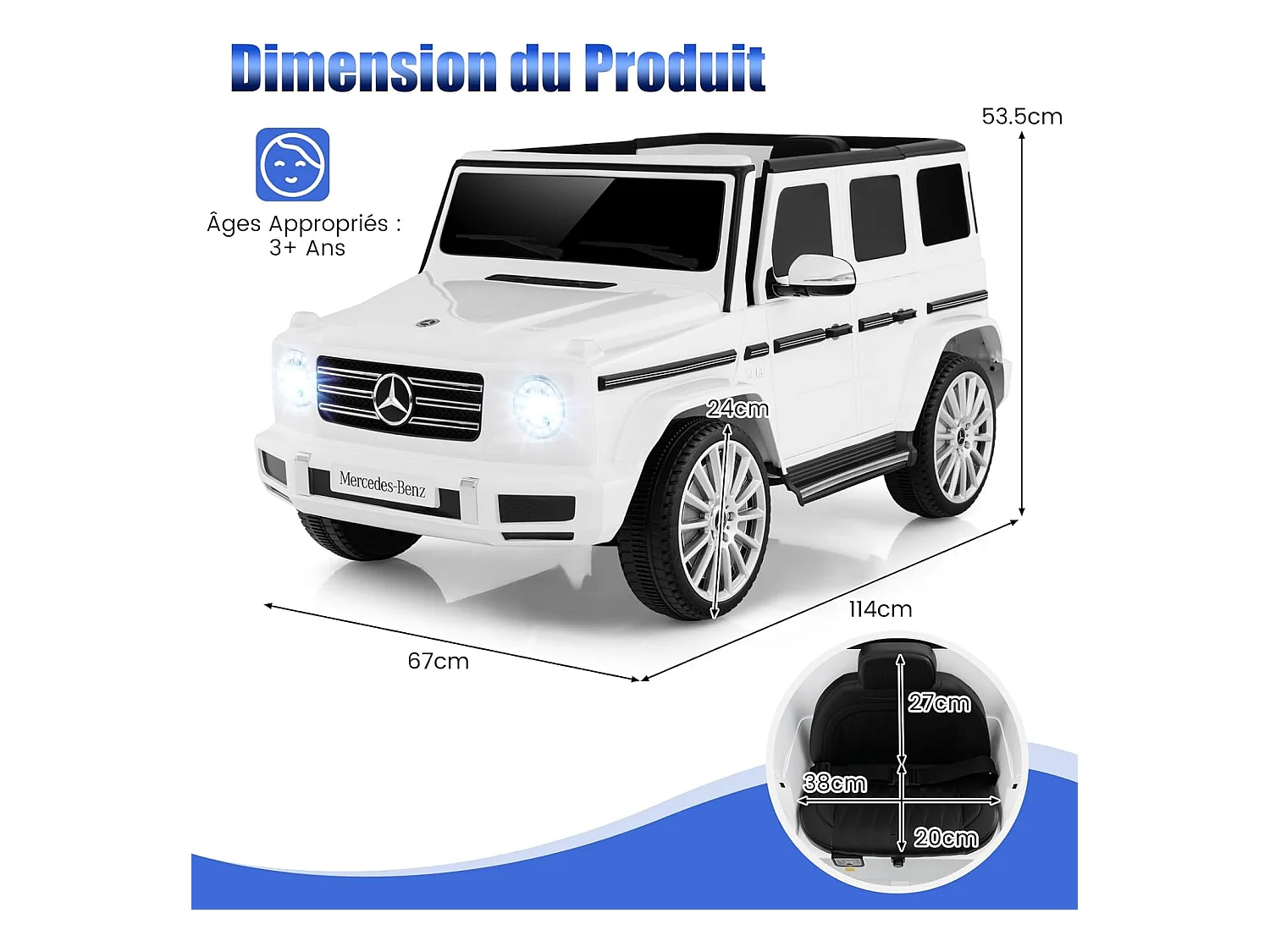 Voiture Électrique Enfants Mercedes-Benz G500 12V avec Télécommande, Musique, Klaxon, Phares LED - Blanc